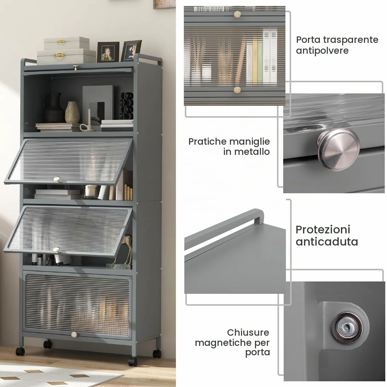 KOMFOTTEU Mobile Dispensa Cucina a 5 Livelli, Mensola Microonde con Anta a Vista, Ruote, Dispositivo Antiribaltamento, Scaffale da Cucina in Ferro per Soggiorno, Sala da Pranzo, 60x32x154cm (Grigio)