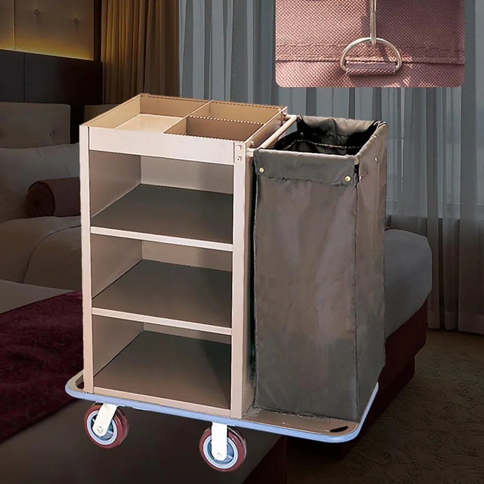Carrello per Pulizie con Ruot, Carrello per Biancheria Sporca Hotel, Carrello Pulizie 3 Ripiani con Ruote e Borsa Integrata, per Pulizie Commerciali/Domestiche