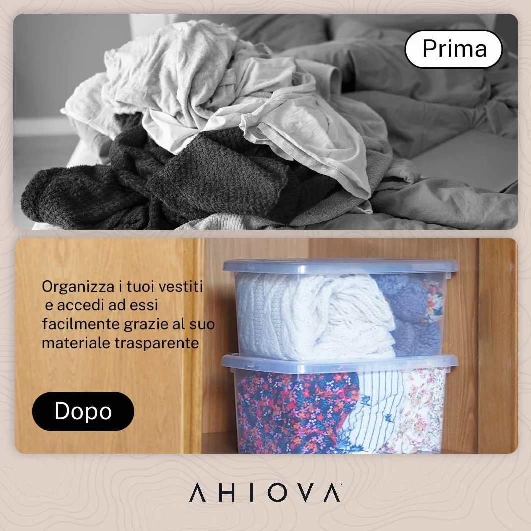 Scatole Plastica 8L con Coperchio Set 5 Portaoggetti Impilabili Trasparenti 33x24x15,5cm Bagno Garage Ufficio