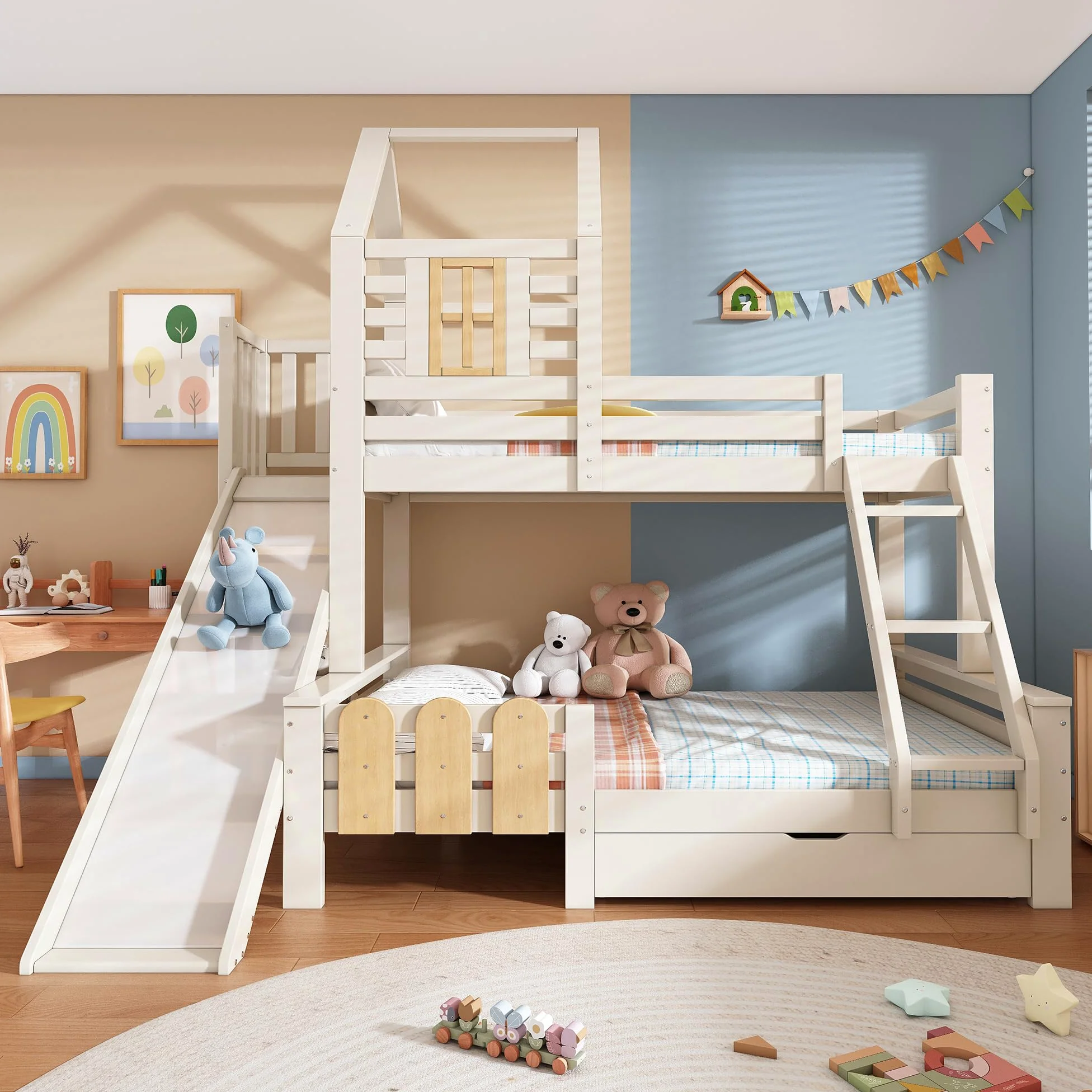 Letto a Castello 90x200 e 140x200cm con Rete a doghe, Letto Matrimoniale con Cassetto, Scivolo e Scaletta, letto a Soppalco per Bambini, a Forma di Casa, Struttura in Legno Massiccio(senza materasso)