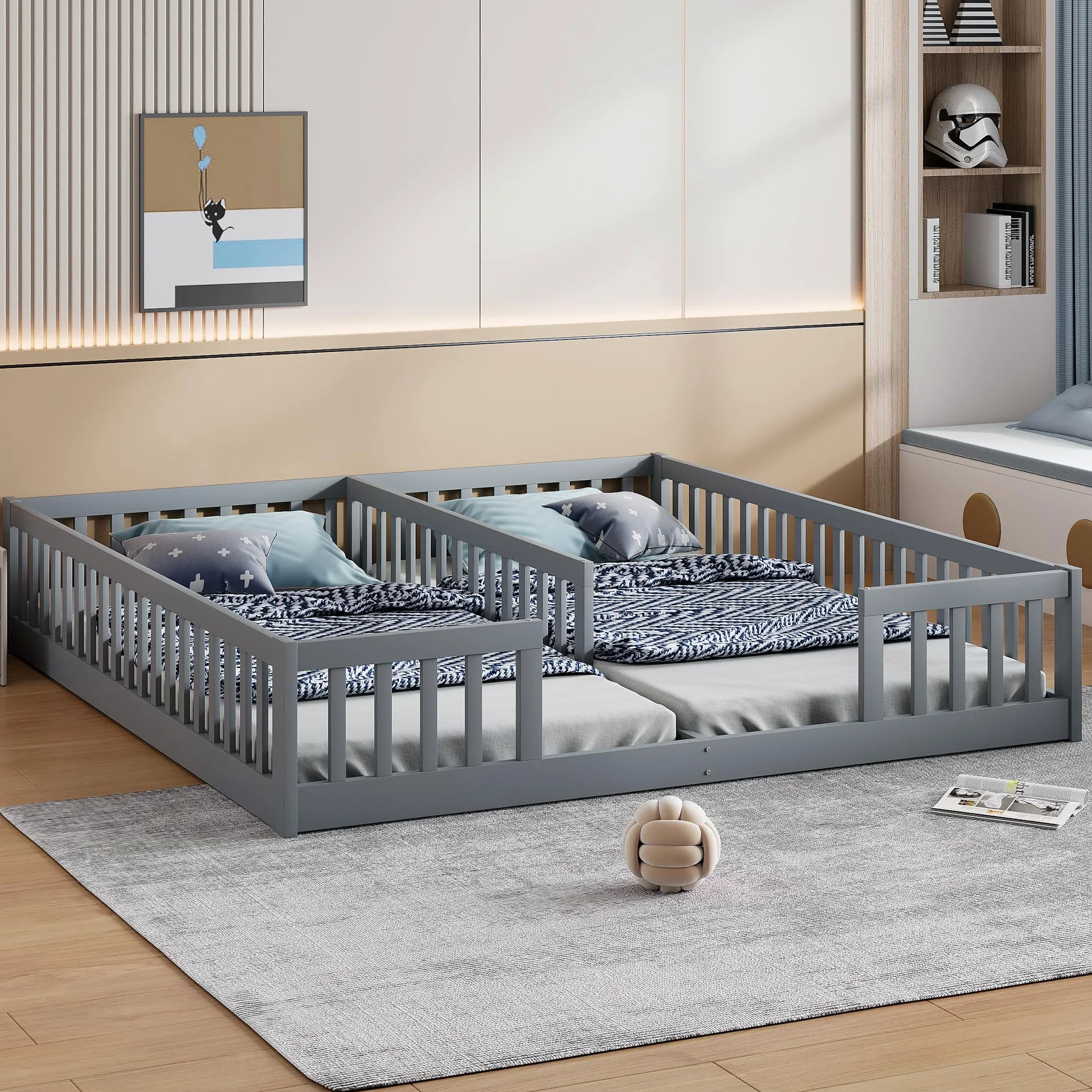 Lettino da pavimento 90 x 200 cm, con rete di sicurezza, in legno di pino, per famiglie con 2 bambini, letto gemellare con rete a doghe, grigio