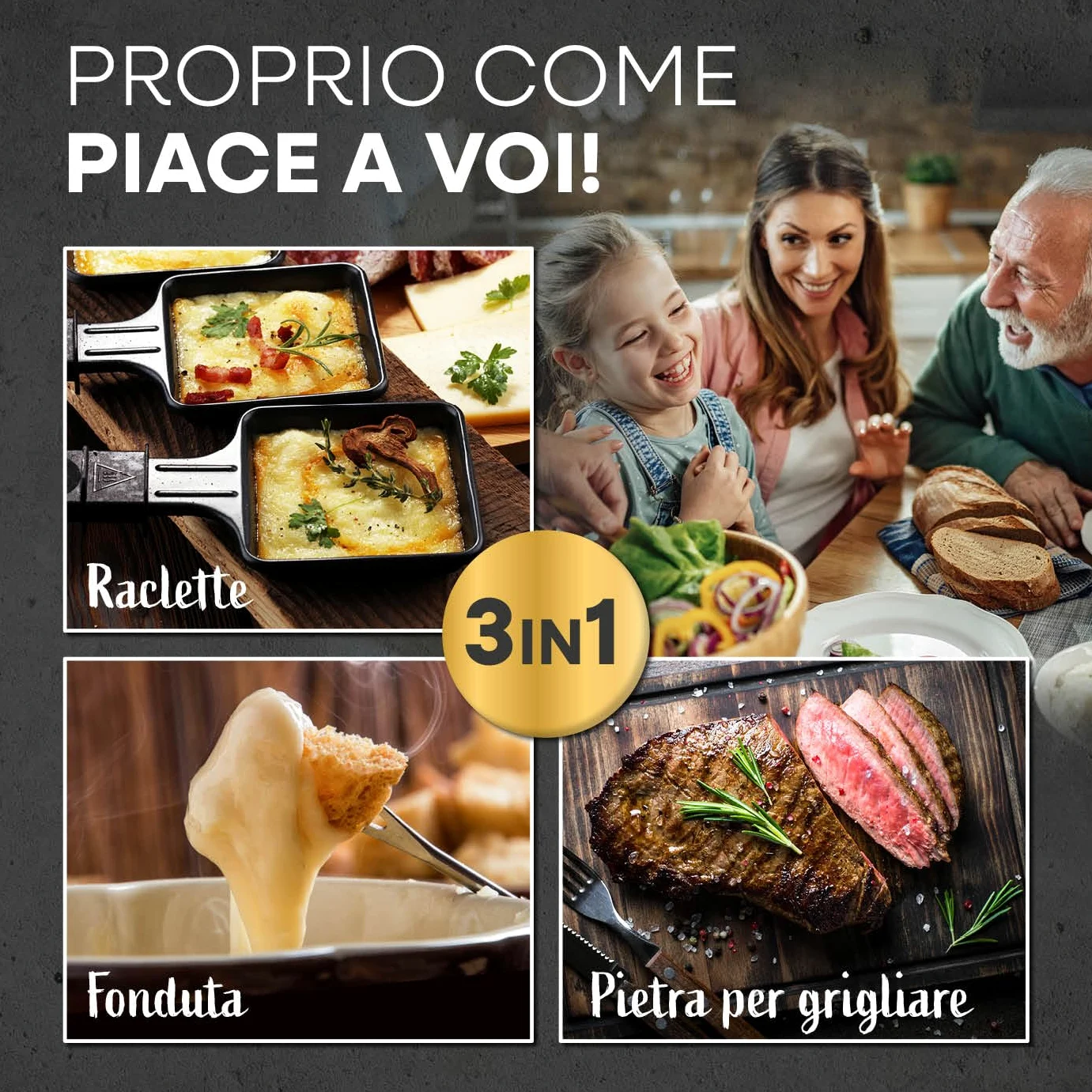 GOURMETmaxx raclette & fondue combi XXL per 12 persone | Griglia per raclette 4 in 1 con padelle, set per fonduta e pietra calda | Griglia elettrica da tavolo con piastra antiaderente [1600 watt].