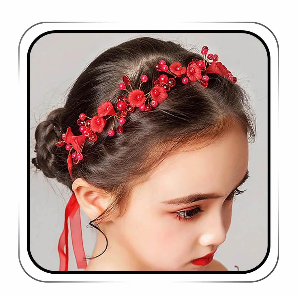 Coroncina Fermaglio Fiori Copricapo Rosso Perle Cristalli Accessorio Capelli Sposa Bambina