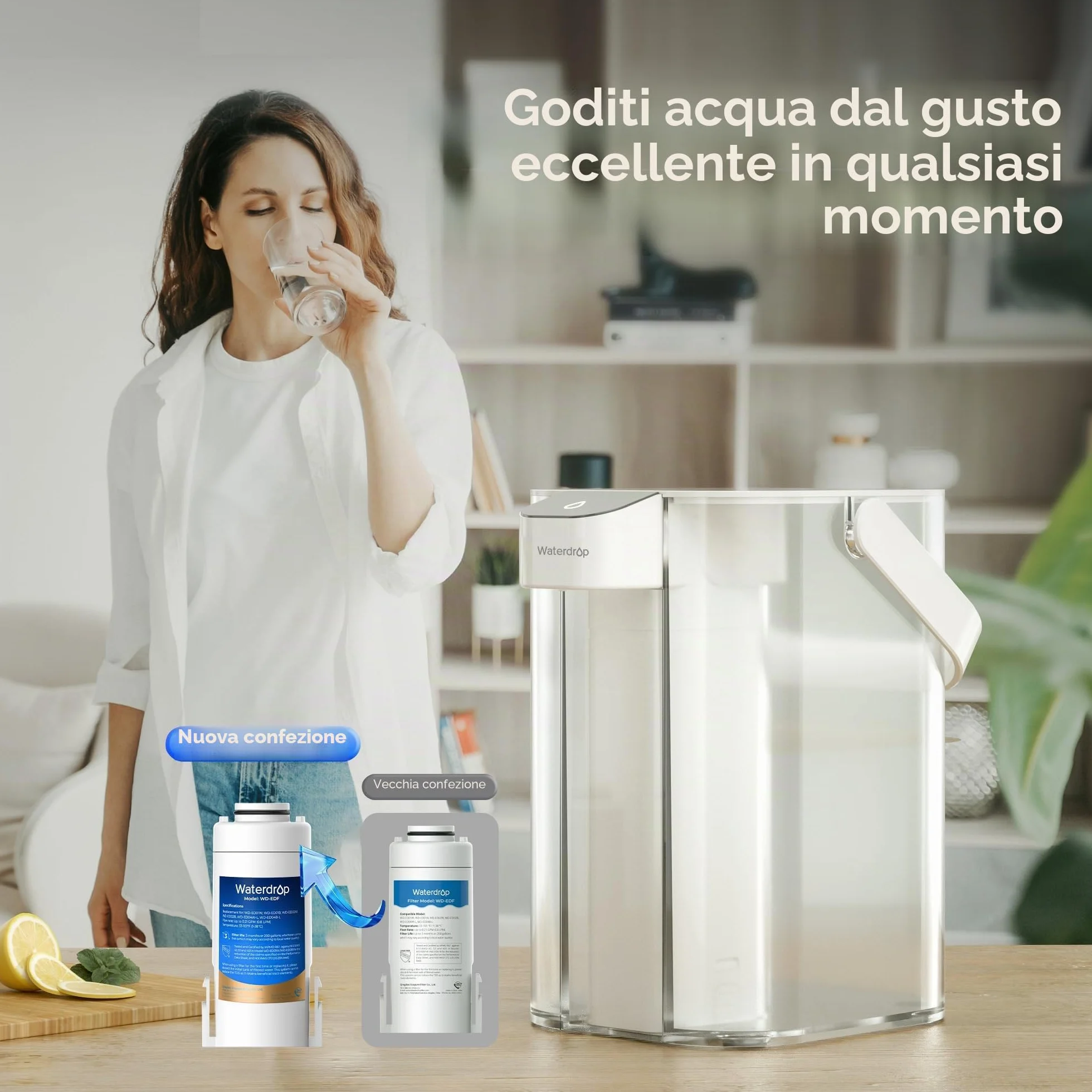 Waterdrop WD-EDF Filtri di ricambio per caraffe filtranti acqua, compatibili WD-ED01W WD-ED01B, durata 3 mesi o 757 litri, confezione da 3