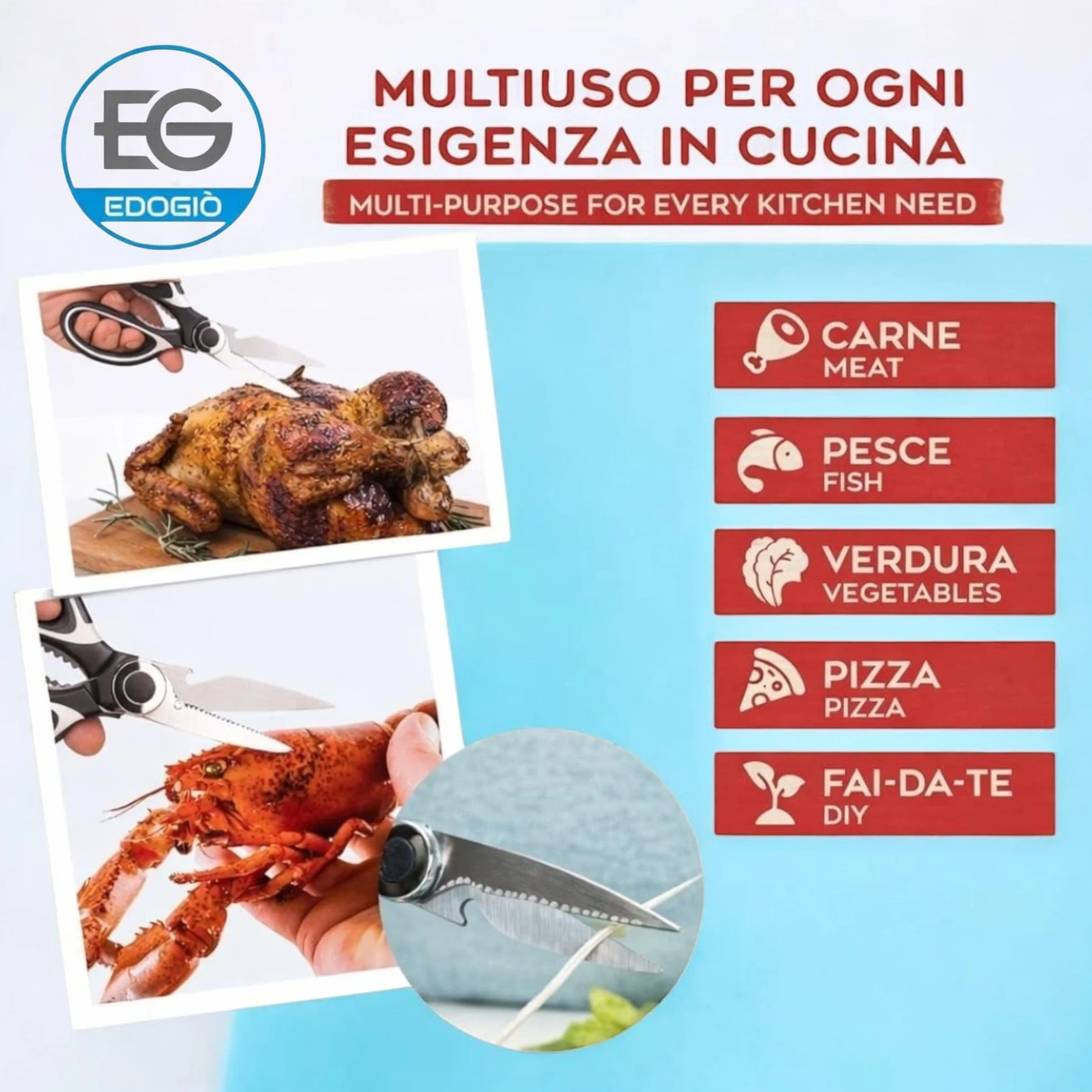 Forbici da cucina professionali in acciaio inox 304 multiuso con apribottiglie, adatte per carne, pesce e verdure, manico ergonomico antiscivolo e perno rinforzato.