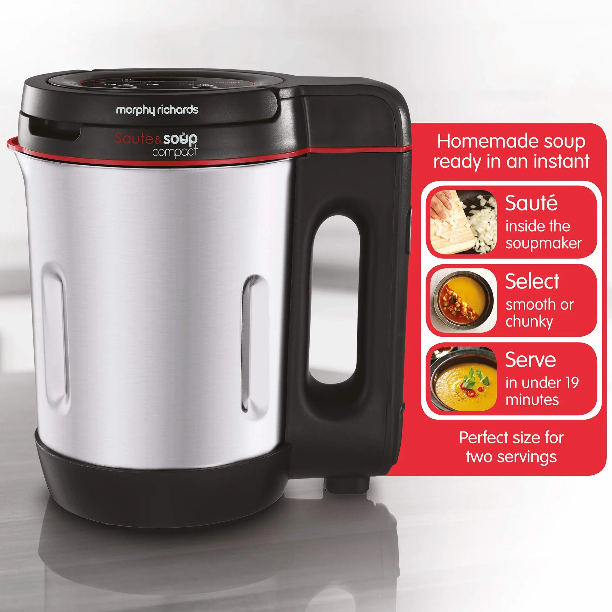 Morphy Richards 501027 - Padella compatta per sauté e zuppe, in acciaio inox, 900 W, 1 litro, alluminio spazzolato e nero