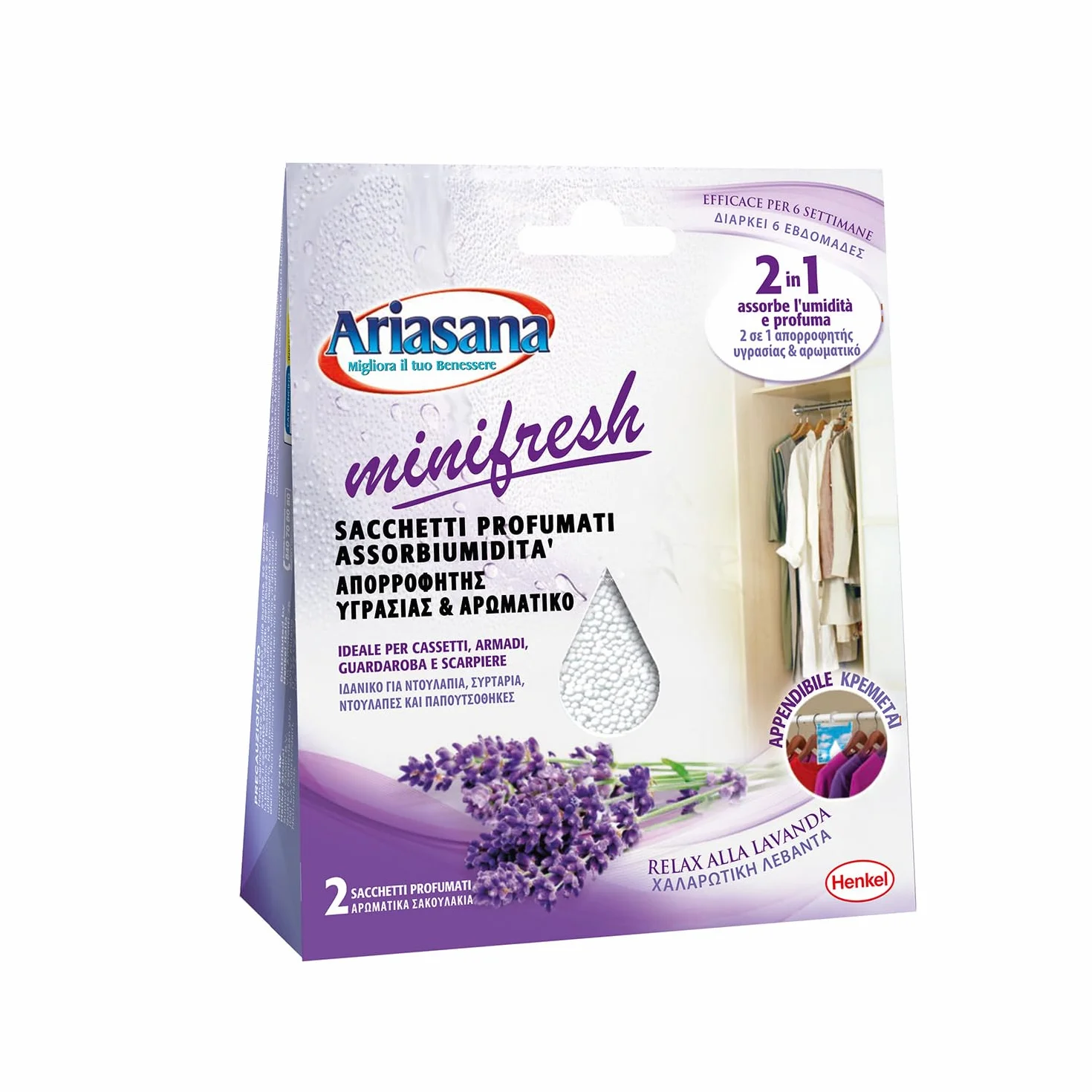 Ariasana Minifresh Relax alla Lavanda Sacchetti profumati 2in1, Sacchetti con doppia azione assorbiumidità e antiodore, Deodorante cassetti e armadi, 2 sacchetti da 50g
