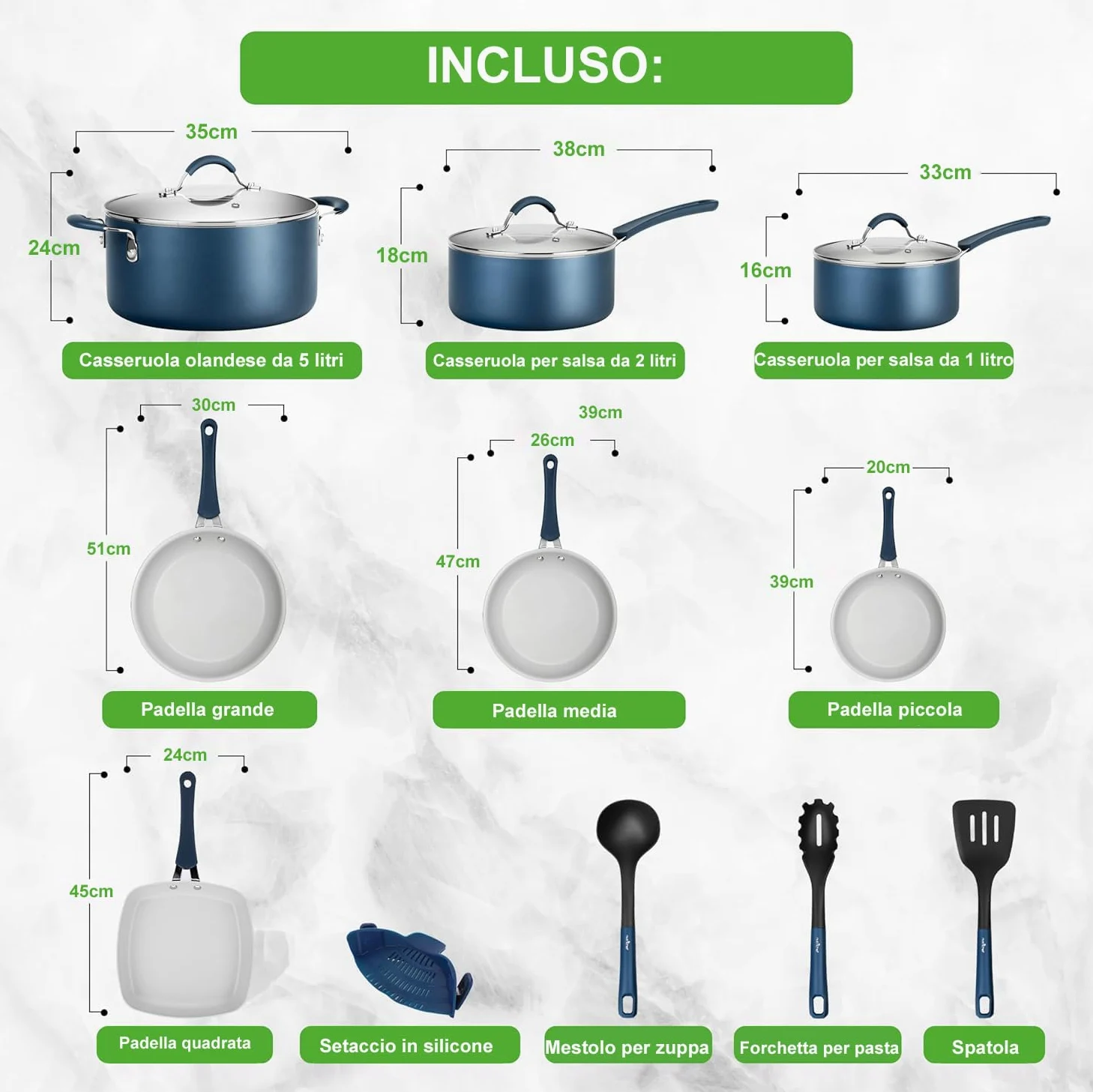 NutriChef Set di 14 Pentole e Padelle Antiaderenti, Set di Utensili da Cucina di Base di Alta Qualità, Padella Antiaderente, Alluminio, Blu