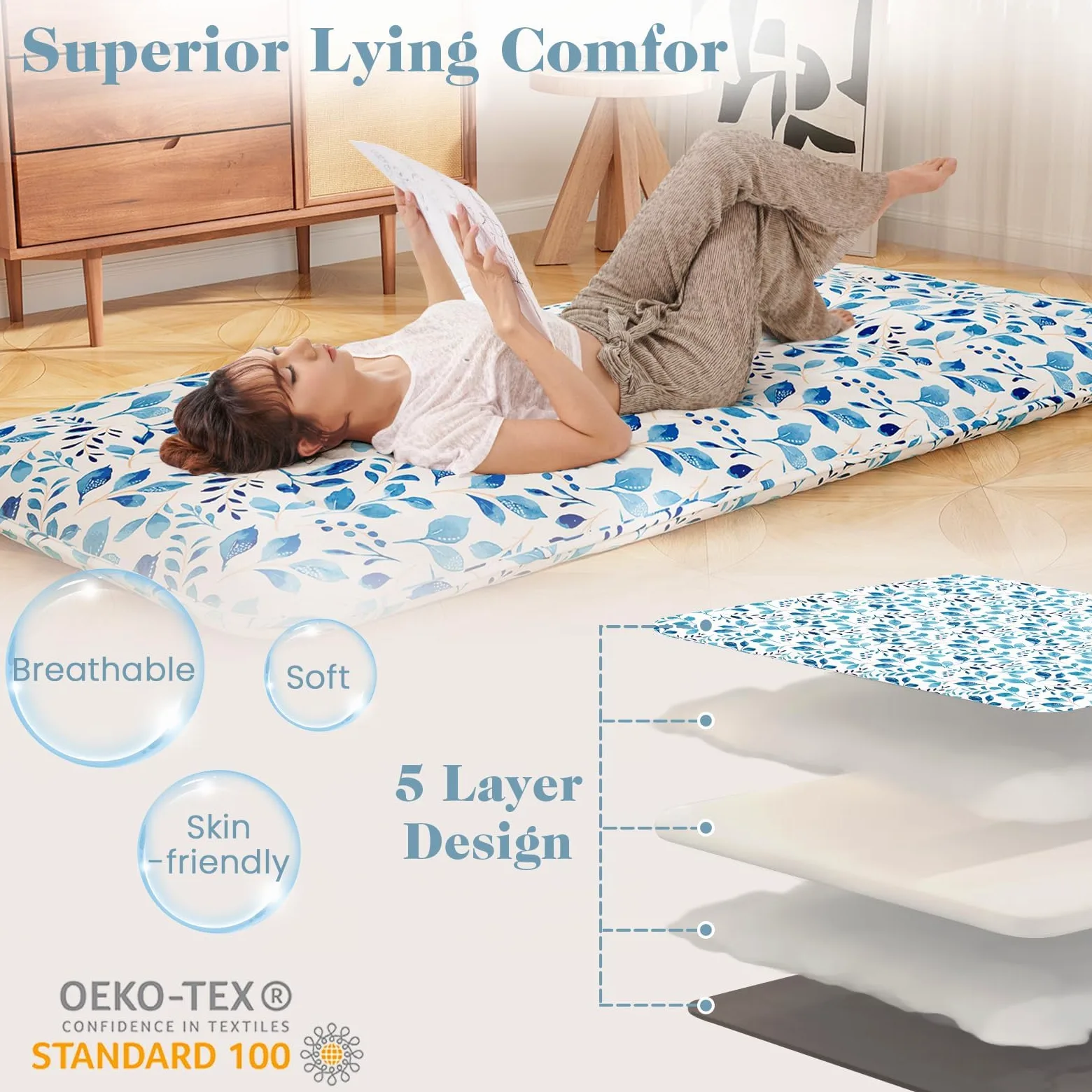 FANTASK Materasso da pavimento lavabile Tatami giapponese, materasso Futon, 90 x 200 cm, foglia blu
