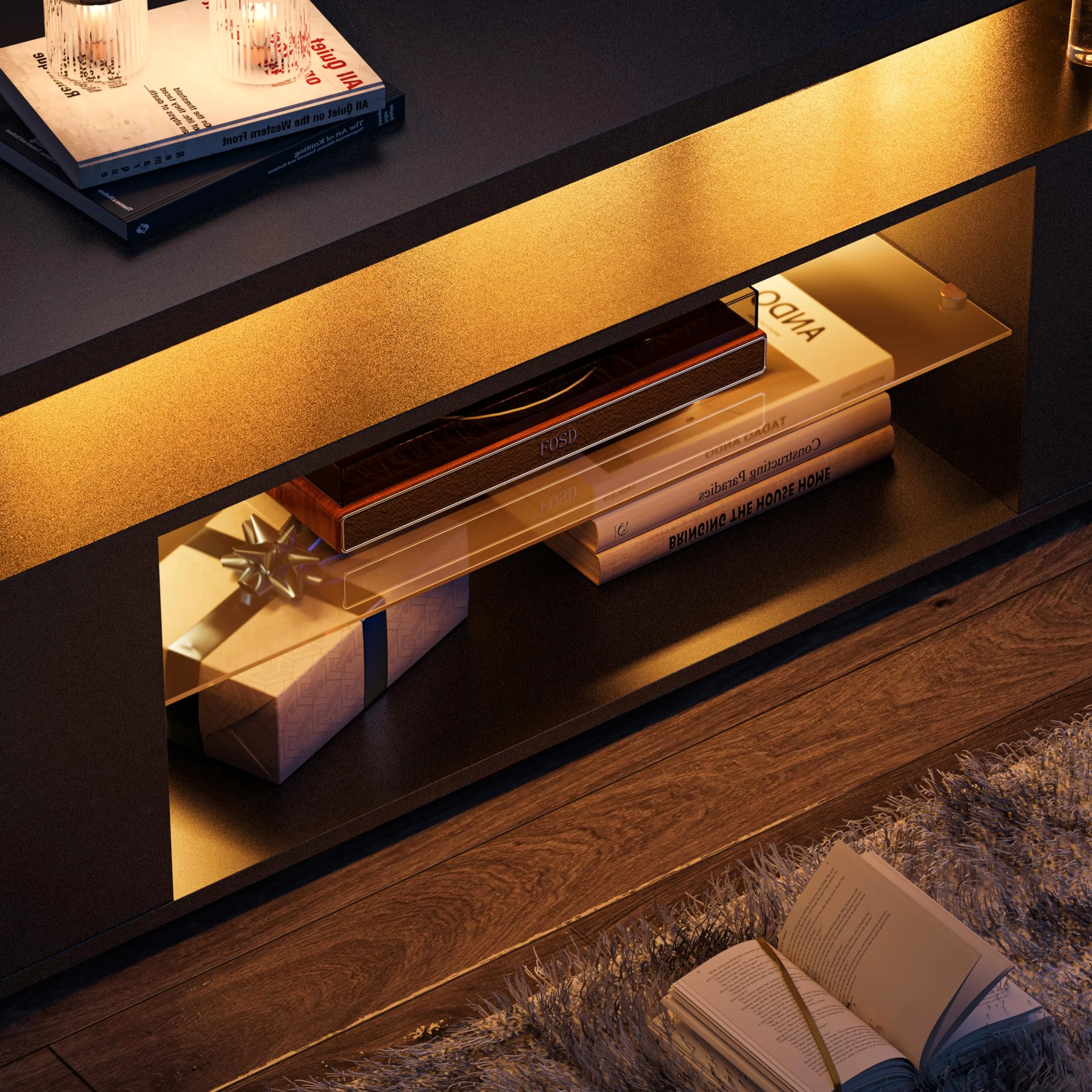 Cubehom LED TV-Schrank 130 cm, Moderno mobile porta TV con illuminazione a LED e spazio di archiviazione, tavolo TV per soggiorno, per televisori fino a 60 pollici, Nero