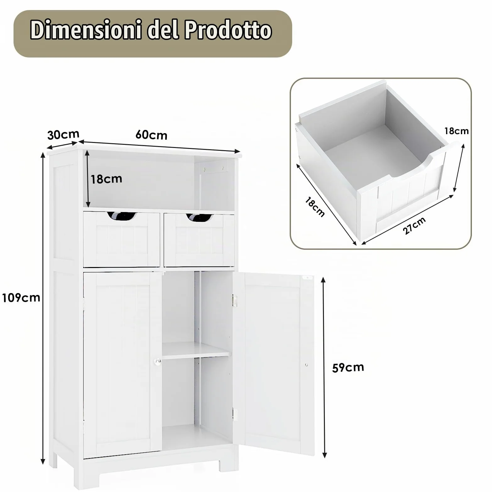 KOMFOTTEU Mobile da Bagno con 2 Cassetti e 2 Armadi a Porta, 60 x 30 x 109 cm, Armadietto da Terra Autoportante in MDF, Armadio d’Archivio per Soggiorno, WC, Camera da Letto, Cucina (Bianco)