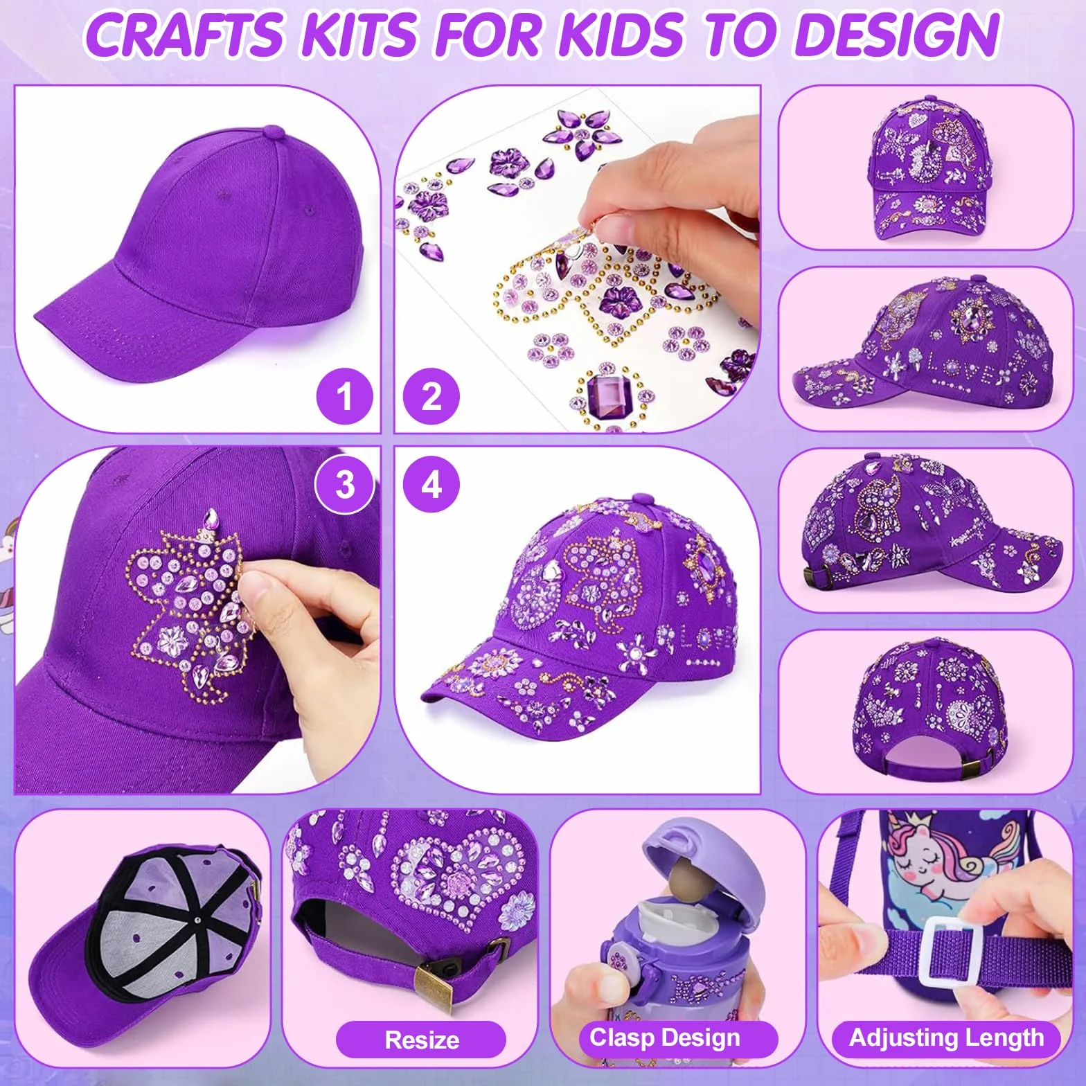 Kit DIY Adesivi per Cappellino da Baseball per Bambina, 8 Stickers Decorativi con Gemme per Personalizzare il Tuo Cappellino, Regalo Creativo per Compleanno o Ritorno a Scuola