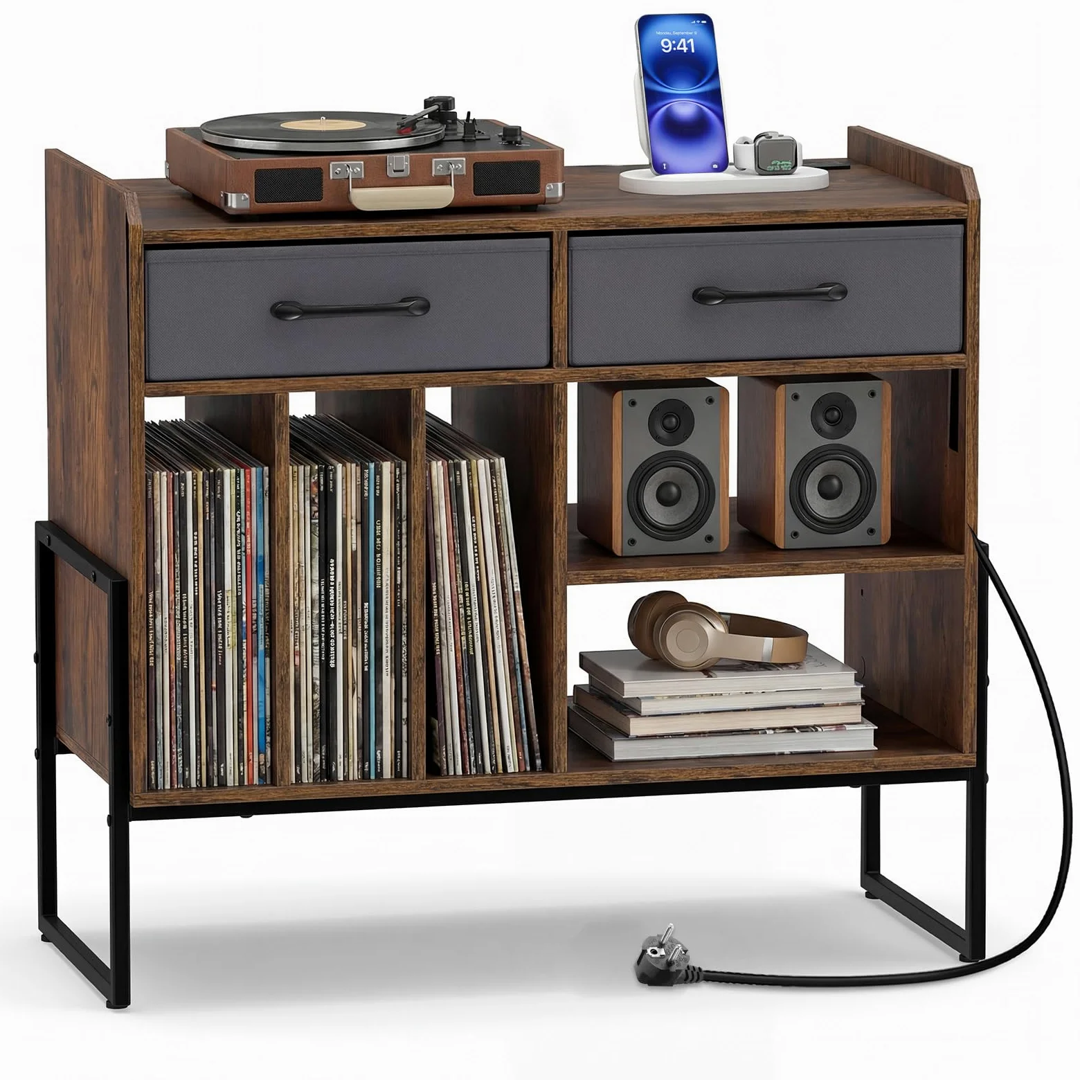 COSTWAY Supporto per Giradischi in Vinile, Mobile per Giradischi con Stazione di Ricarica, 2 Cassetti Rimovibili in Tessuto e Ripiano Regolabile, Supporto Porta Dischi Vinile per Soggiorno, Studio