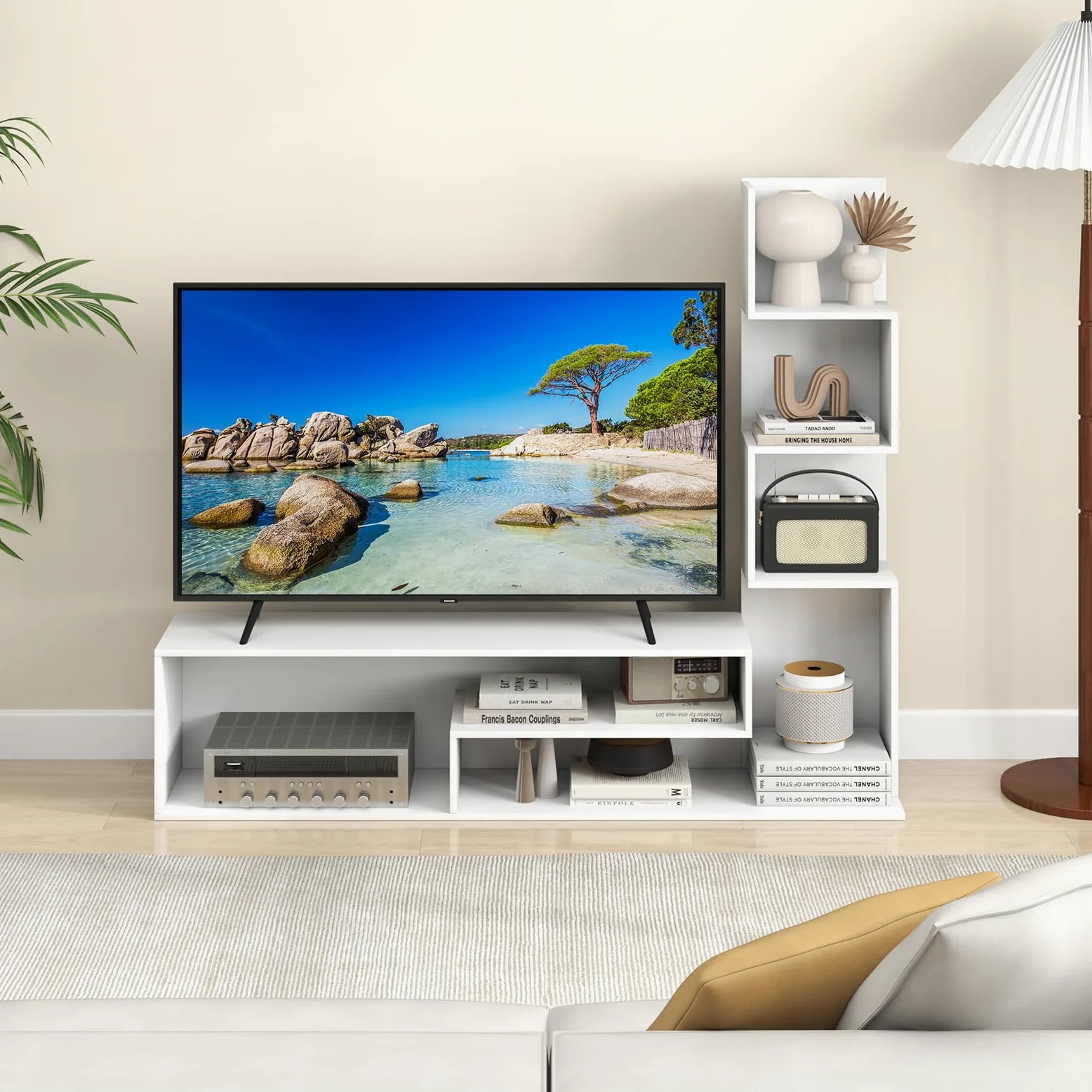 COSTWAY Mobile per TV a Cubi per TV Fino a 50”, Tavolo Console Media con Mensole di Stoccaggio a Forma di L e Scomparti Aperti, Centro di Intrattenimento per Soggiorno, Ingresso (Bianco)