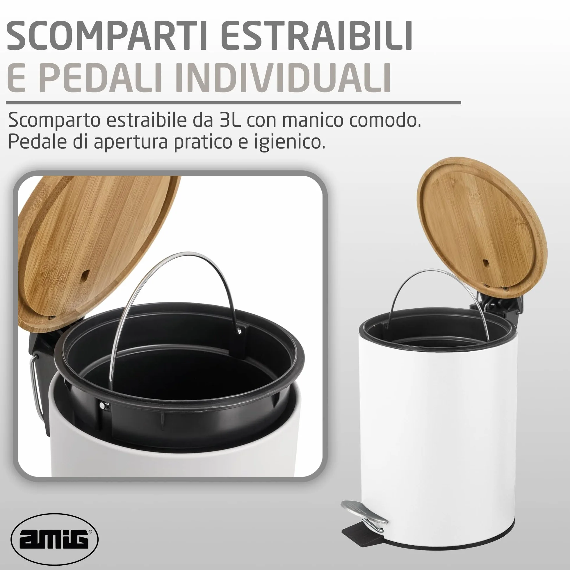 Amig Naturline Pattumiera da bagno con pedale 3 litri bianco bambù acciaio inox