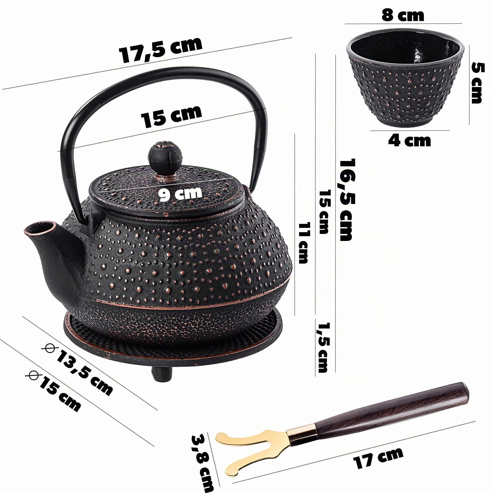 KADAX Bollitore in Ghisa con Tazze, Servizio da Tè Giapponese Tradizionale, Set con Filtro a Rete e Teiera con Manico Robusto (Nero)
