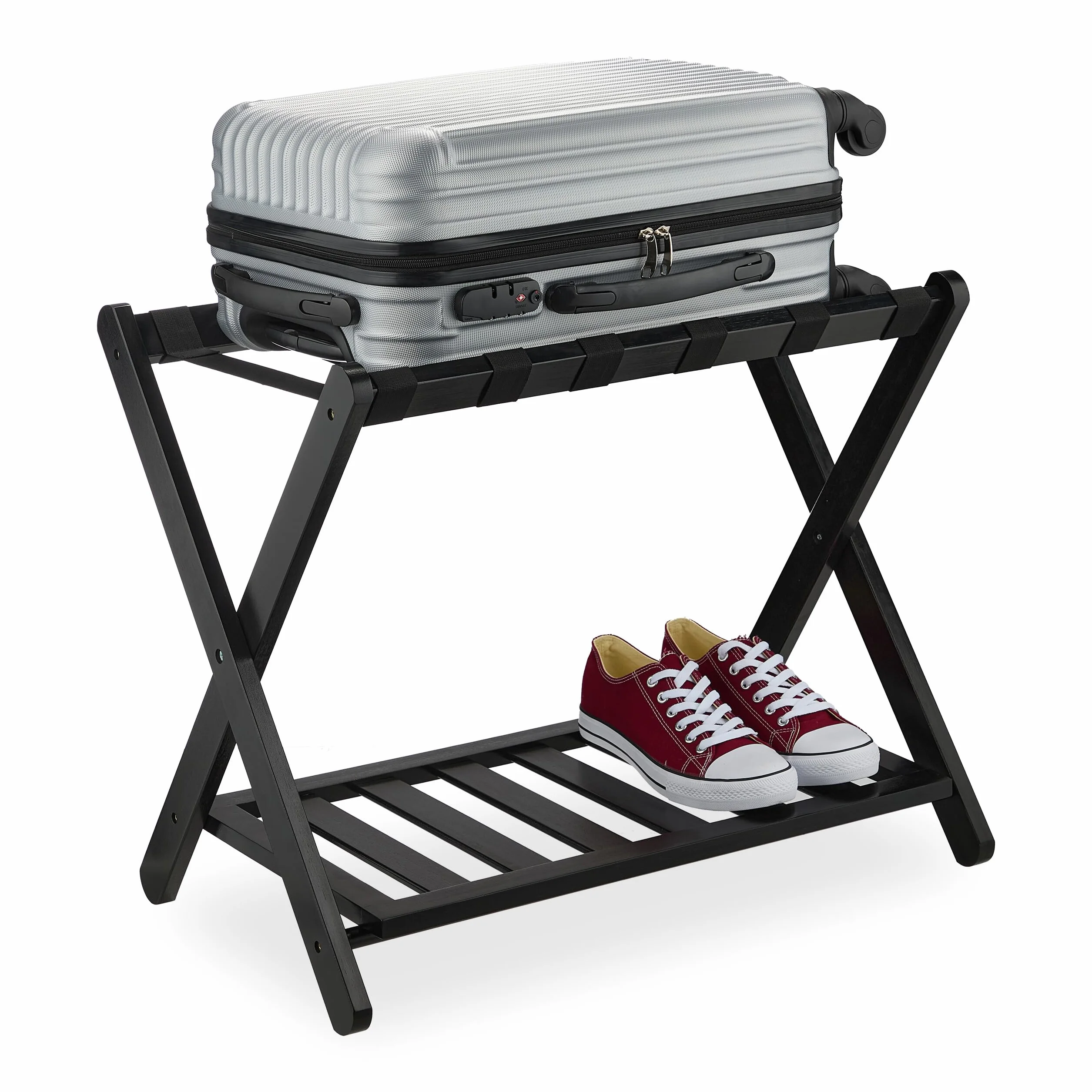 Relaxdays Stand Reggivaligia in Bambù Pieghevole, Portavaligie Hotel 56x68,5x41,5 cm Nero