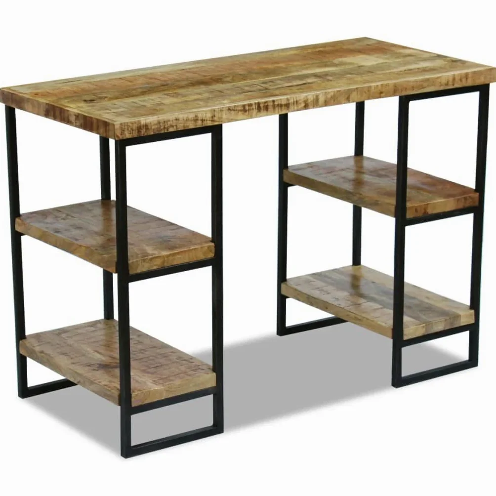 Scrivania industriale in legno di mango massiccio con struttura in acciaio, 110 x 50 x 76 cm, scrivania per computer con due scomparti per lato per libri e blocchi appunti