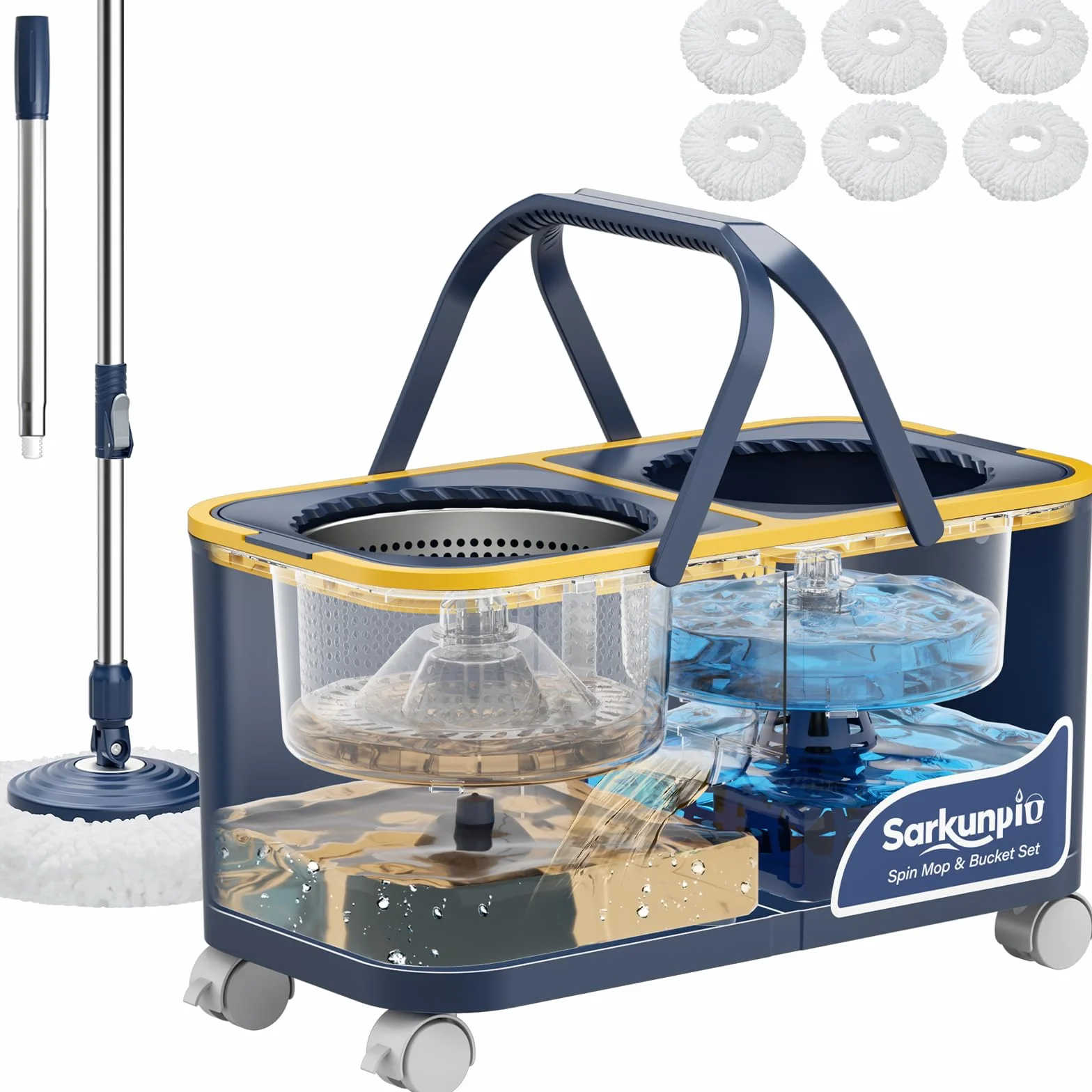 Mocio e Secchio Lavapavimenti, Set Mop e Secchio con 4 Camere e 4 Ruote, Separazione Acqua Pulita e Sporca, 360° Mocio Rotante con Strizzatore Sistema di Pulizia Pavimenti con 6 Teste di Mop