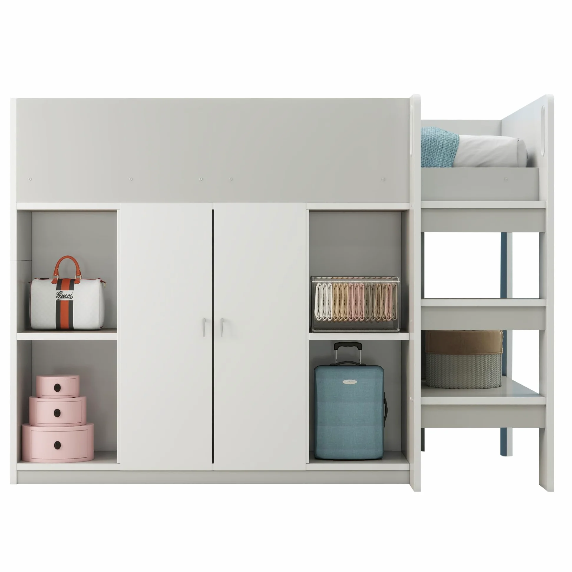 Azkoeesy Letto a Soppalco Singolo con Armadio, 90x200 cm, Spazio di Archiviazione, Scale, Ringhiera e Doghe, per Adolescenti e Adulti, in Truciolame, Grigio