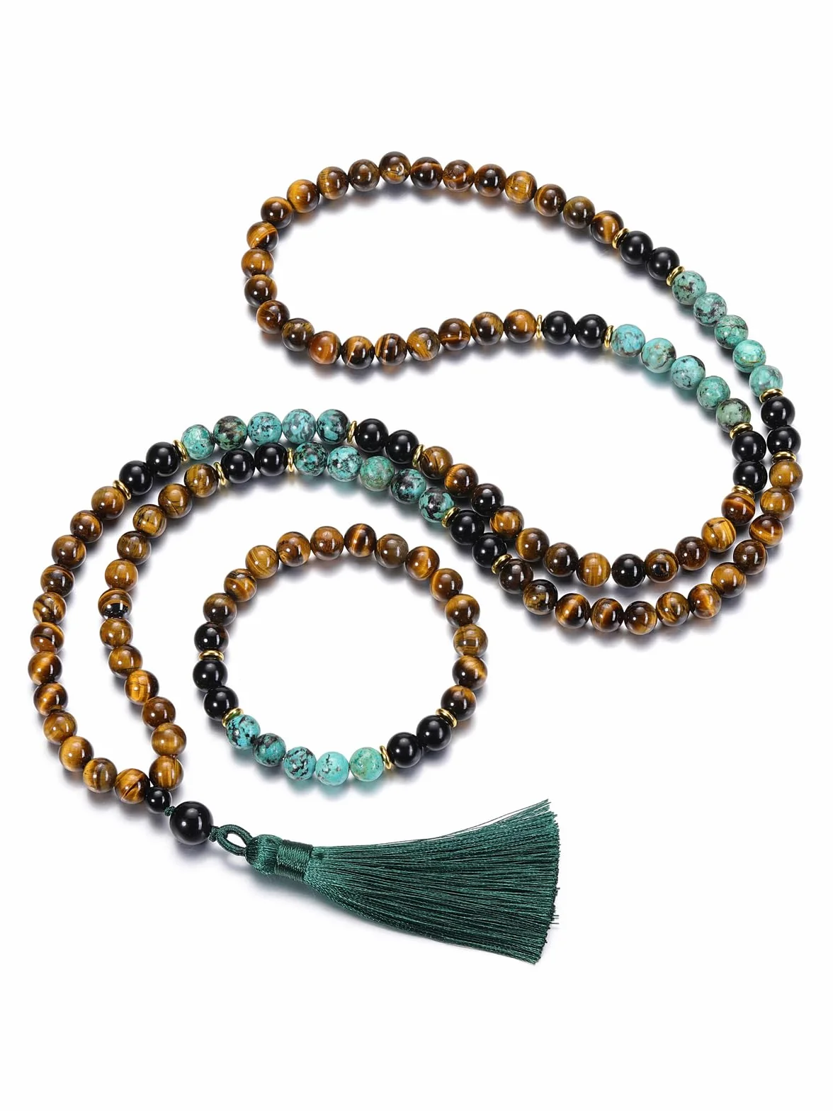 Jovivi Mala 108 Grani Collana Rosaria Tibetana in Pietre Naturali con Nappa Bracciale con Perline Cristalli Elastico per Donna Uomo Parure Preghiera 108 Perline Buddista Turchese Occhio di Tigre