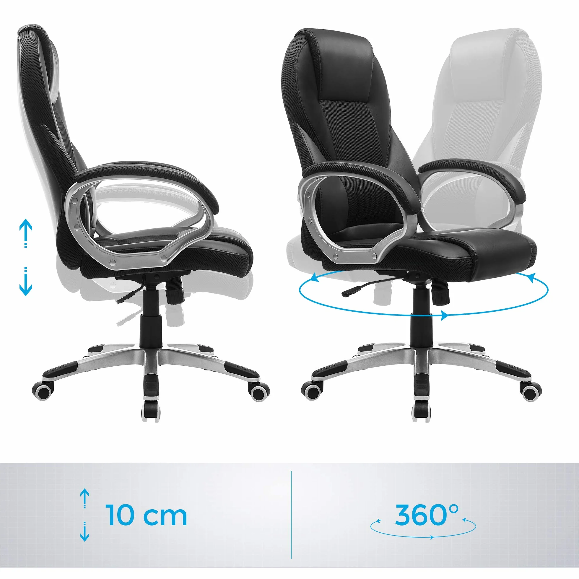 SONGMICS Sedia da Ufficio Ergonomica, Poltrona Direzionale, Girevole e Altezza Regolabile, da Scrivania in Studio e Ufficio, con Rotelle, Nero OBG22B
