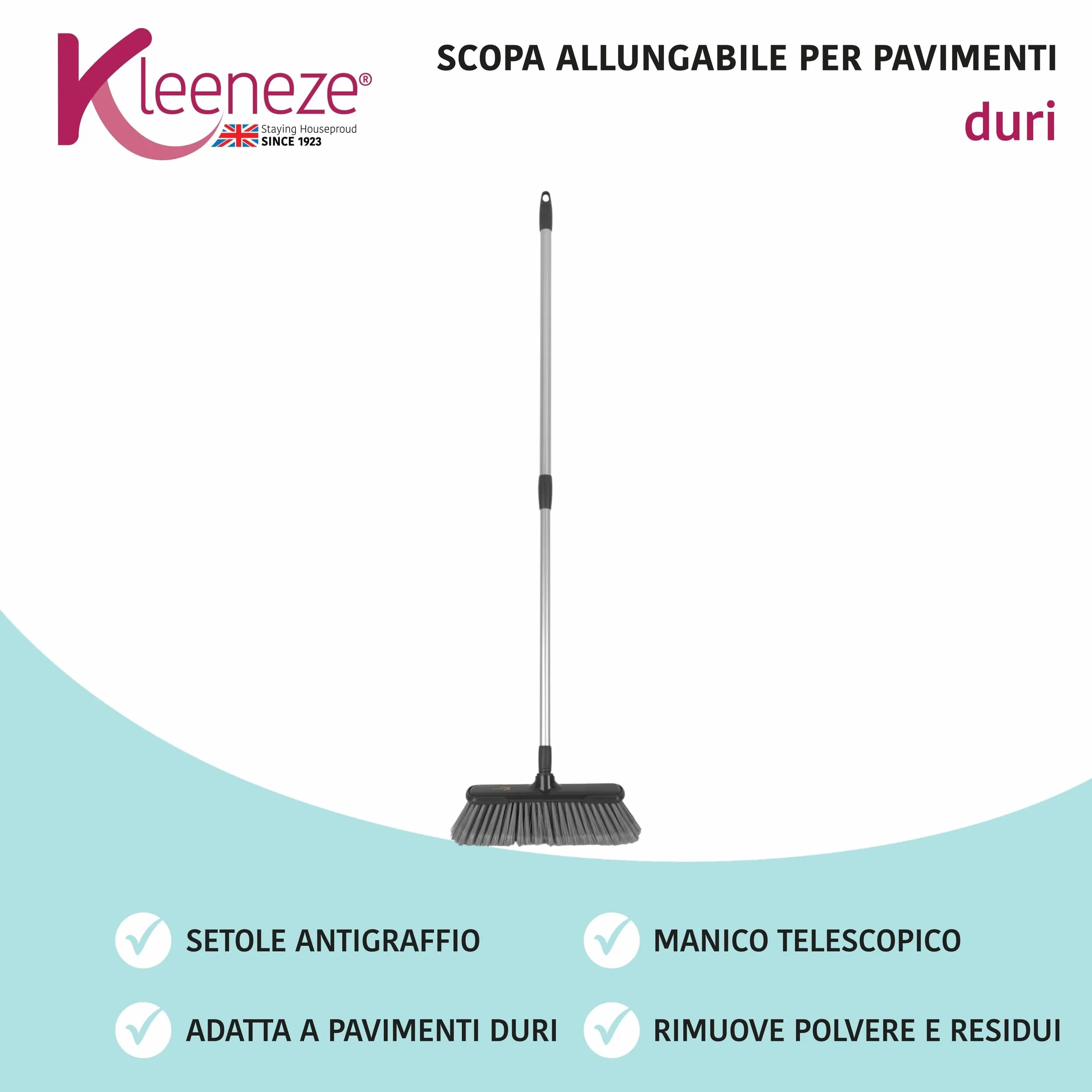 Kleeneze KL028107EU7 Scopa setole morbide antigraffio manico allungabile 120 cm pavimenti duri legno piastrelle laminati grigio