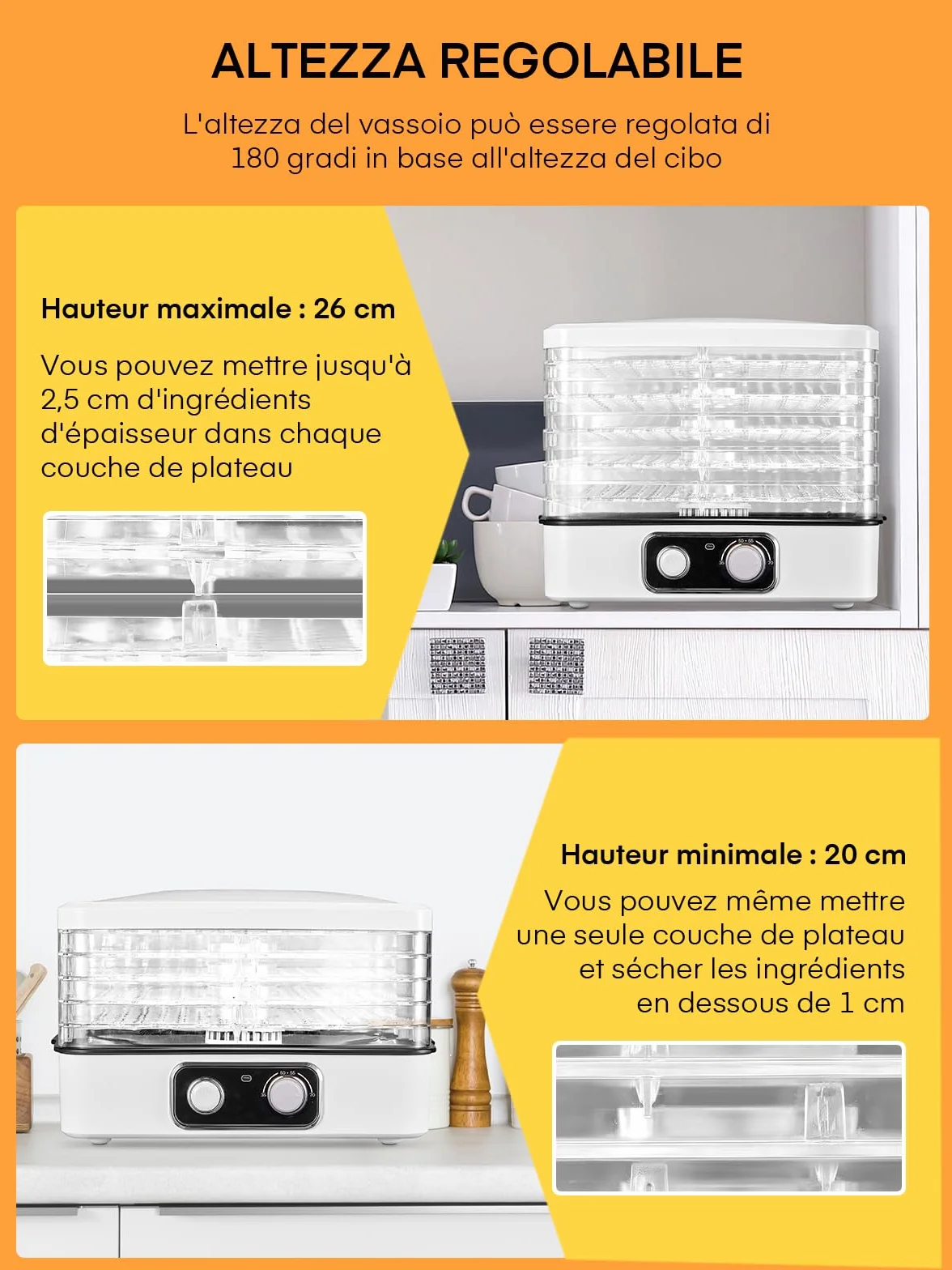FOHERE Essiccatore Multifunzionale Per Frutta e Verdura, Disidratatore Per Alimenti Regolabile In Altezza 5 Ripiani Impilabili, Temperatura Regolabile (35°C-70°C), Adatto Per Frutta, Carne e Verdura