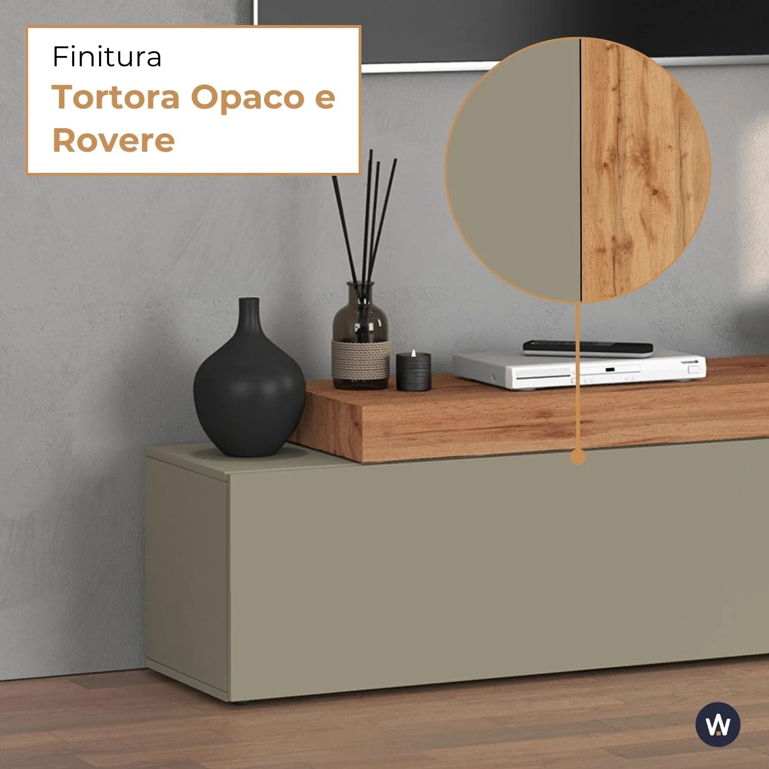 WHOUS Mobile Porta TV CHRONOS per Soggiorno con 1 Anta a Ribalta, Mobile Tv Regolabile per Salotto in Legno, 190/350x40x51 cm, Tortora Opaco e Rovere