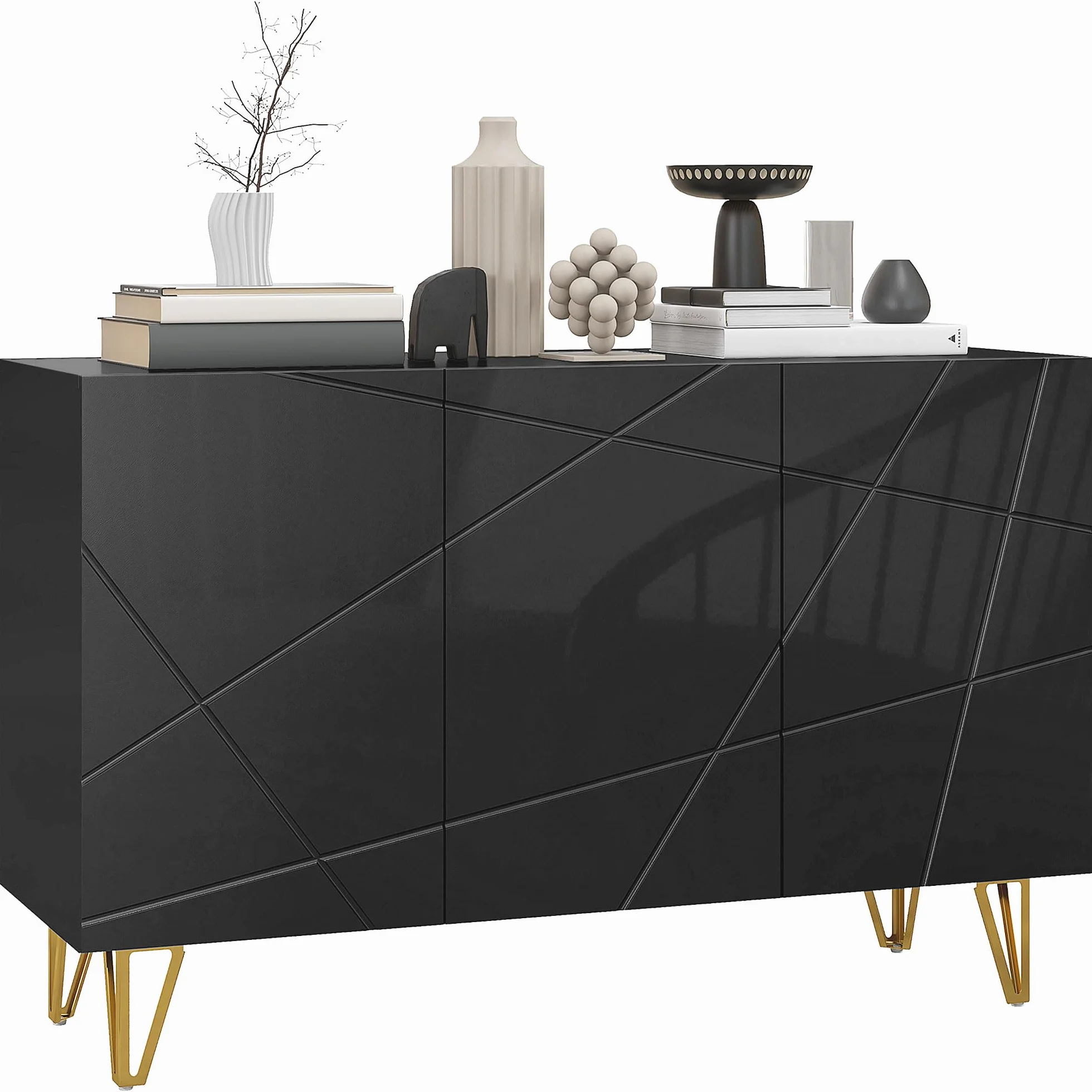 HOMCOM Mobile Contenitore con 2 Armadietti e Ripiano Regolabile a 3 Livelli, Credenza Moderna con Gambe in Metallo, 120x40x75 cm, Nero e Oro