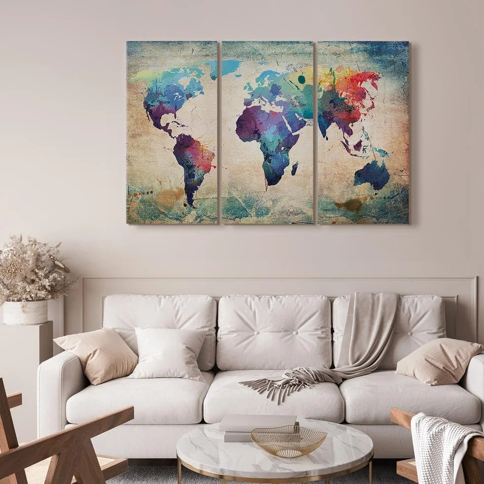 Cuadros B&D XXL - Quadro Grande Mappa del Mondo 120x80 cm 3 Pezzi - Stampa su Tela Strutturata - Quadri Moderni Componibili Camera da Letto Matrimoniale - Planisfero da Parete 020113-47