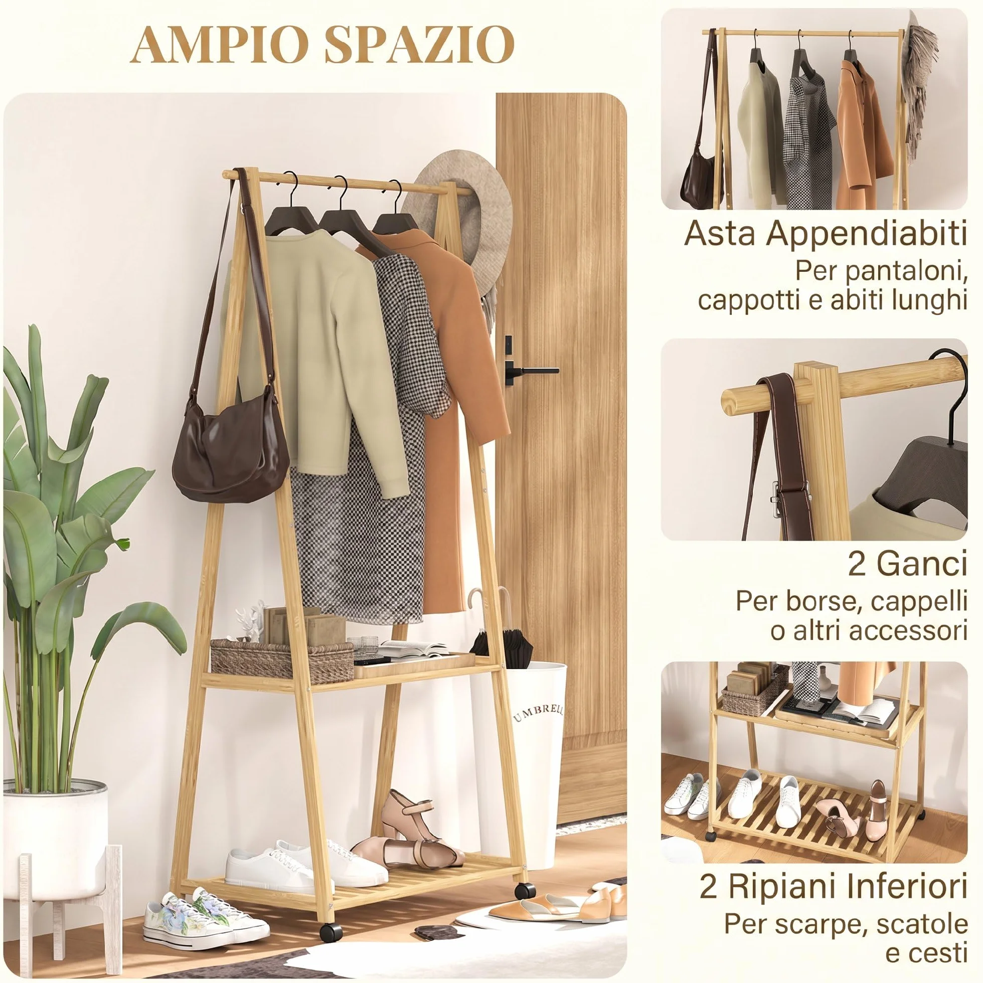 HOMCOM Appendiabiti da Terra in Bambù con Ruote, 2 Ripiani, 2 Ganci, 84.5x43.5x158 cm, Color Legno