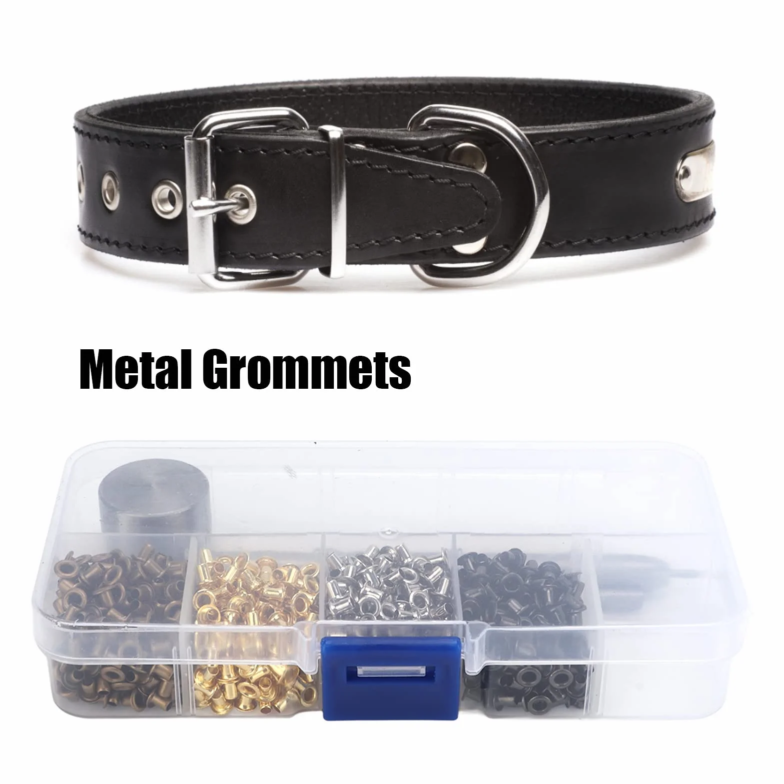 Kit occhielli in metallo per passacavi (2 mm) in ottone/ferro – ideale per borse, scarpe, abbigliamento e pelle; include punzoni e scatola pratica.
