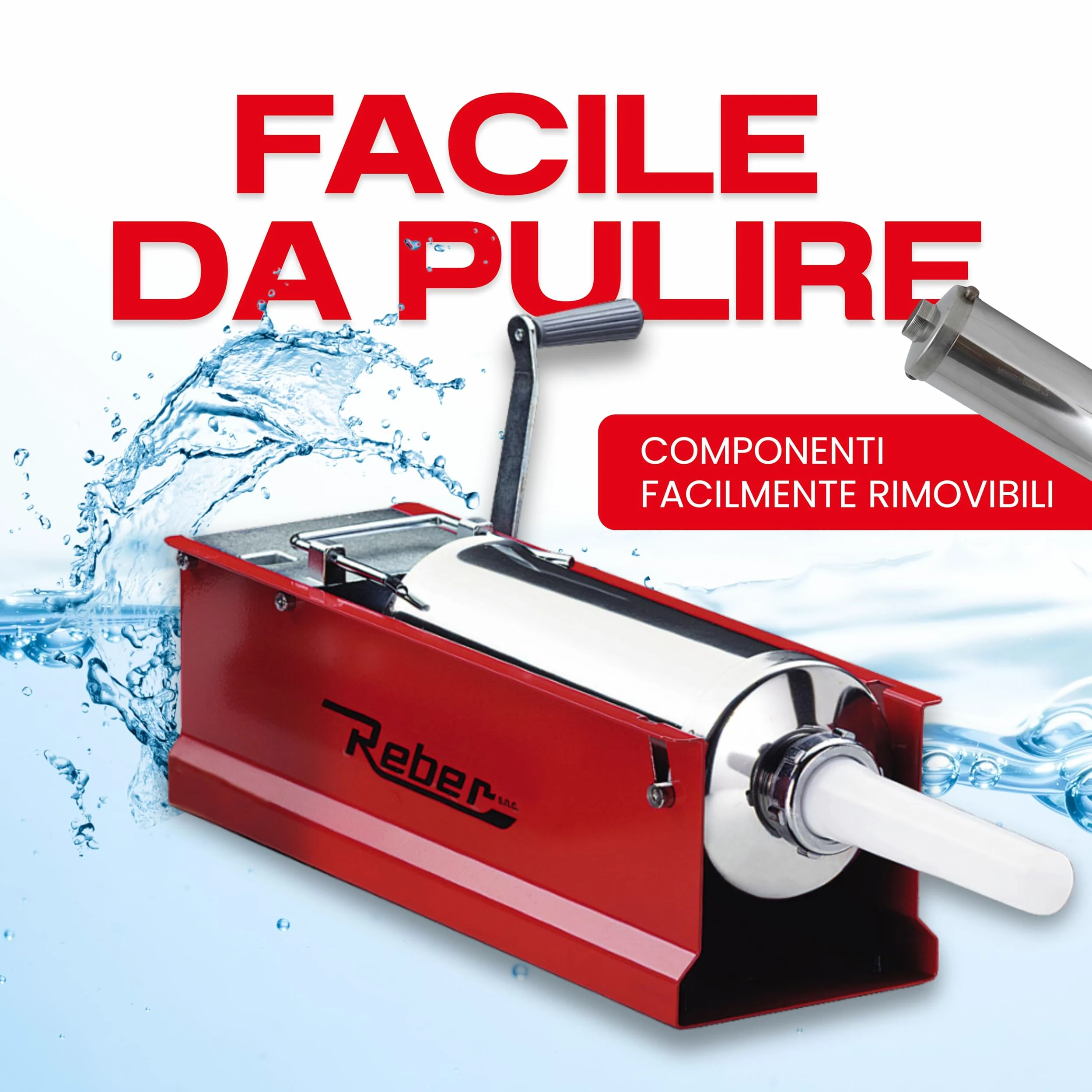Reber Insaccatrice Manuale 6,8L/8KGS – Macchina per Salsicce Orizzontale con Sistema a 2 Velocità, per Uso Domestico e Professionale - Struttura Robusta in Acciaio INOX – 4 Imbuti Inclusi