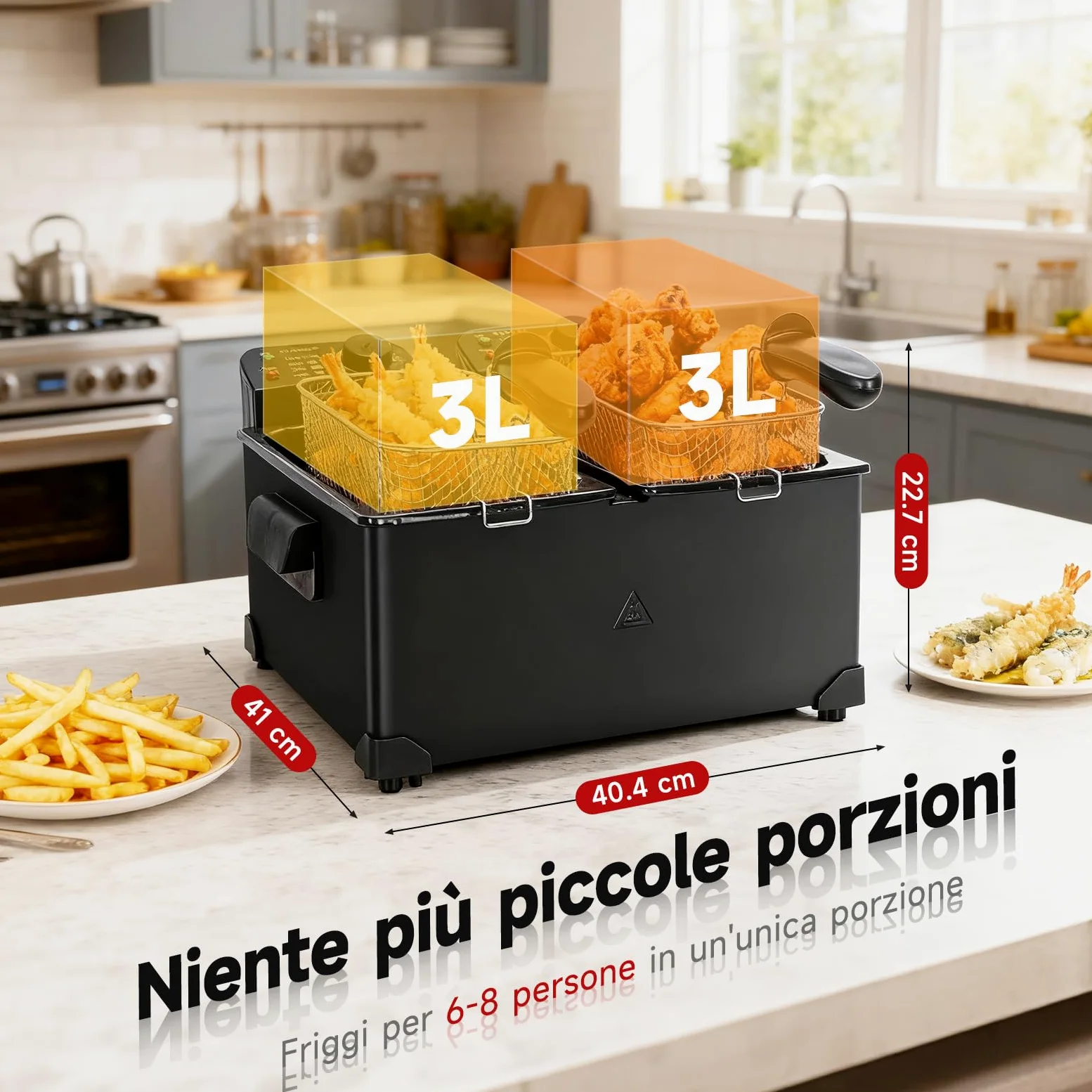 Aigostar Friggitrice doppia vasca. capacità totale 6L, 2 cestelli da 3L. Controllo termostatico, coperchi con finestre. Friggitrice elettrica professionale senza BPA.3600W