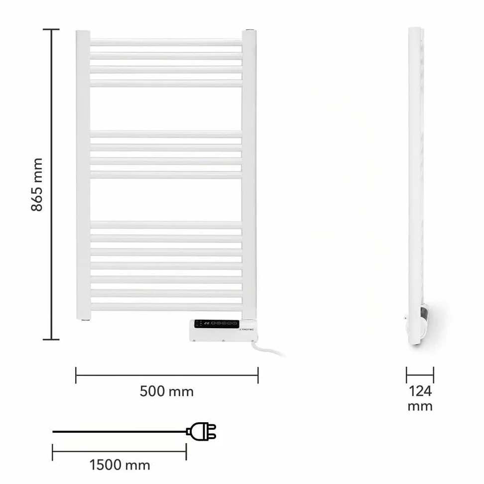 TROTEC Scaldasalviette elettrico TWH 500 S - 500 W, montaggio a parete, design a tubo piatto bianco, funzionamento silenzioso, IPX4, ideale per bagno e WC per ospiti