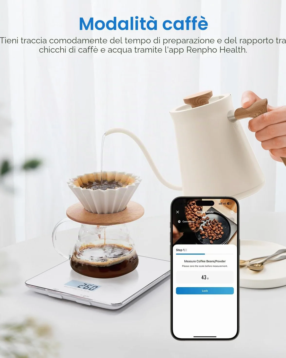 RENPHO Bilancia da Cucina Digitale, Bilancia Elettronica per Alimenti per Cottura e Caffè, Apparecchio Bilancia da Cucina per Keto, Macro, Calorie e Perdita di Peso con App per Smartphone, Bianco