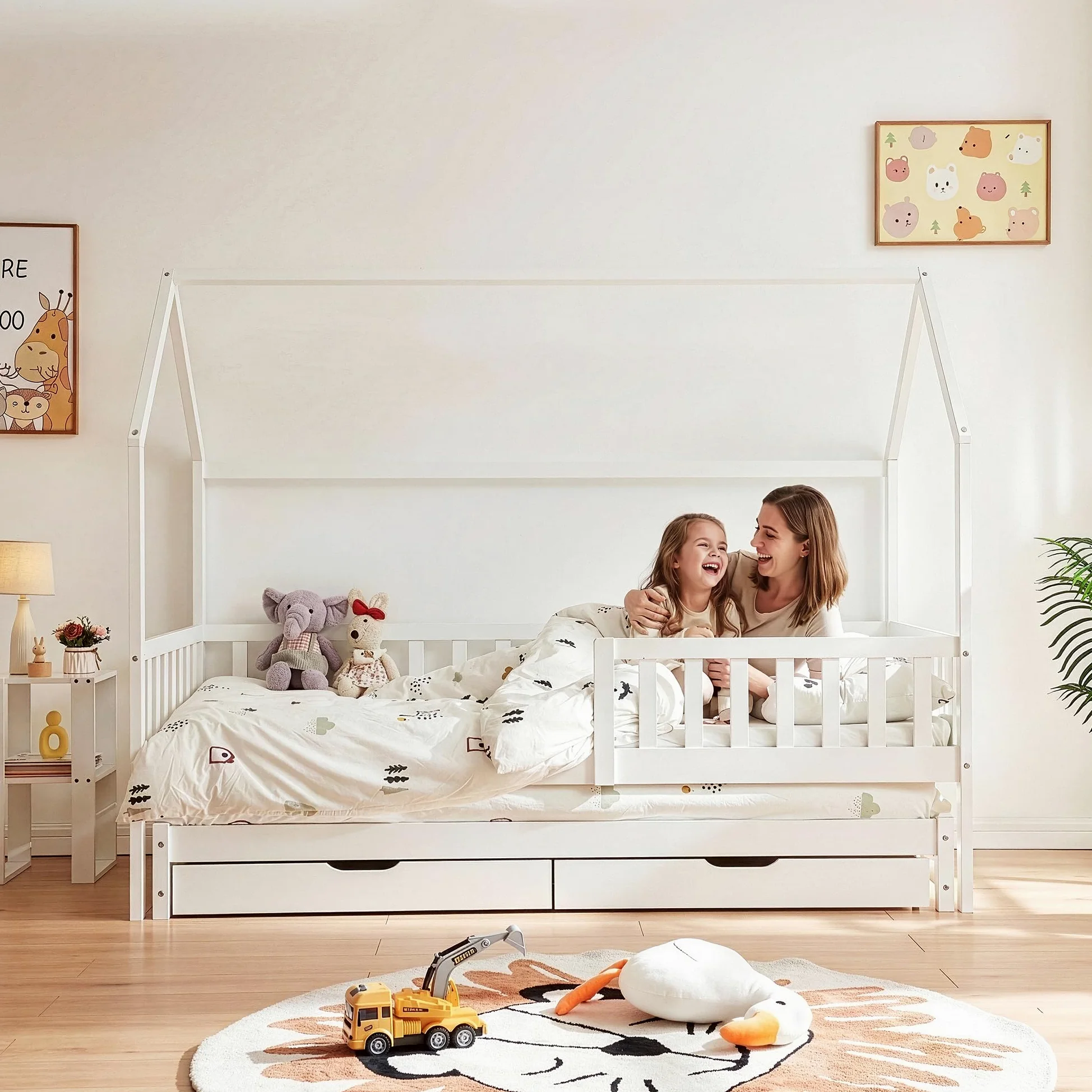 [en.casa] Letto per Cameretta a Forma di Casetta con Letto Estraibile Struttura in Legno di Pino a 2 Piazze con Barriera Anticaduta e 2 Cassetti 90x200 cm - Bianco