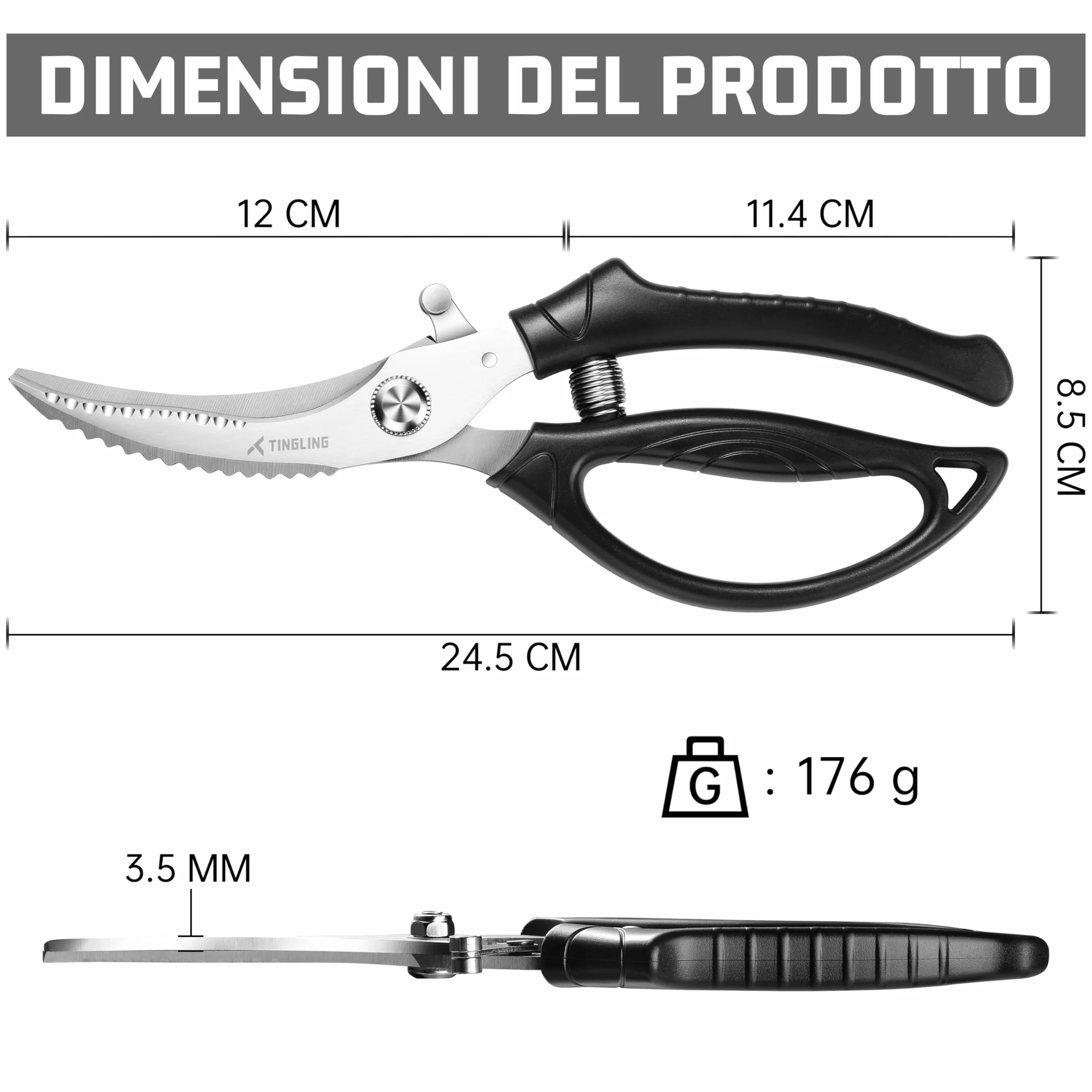 Forbici da Cucina Professionali: Trinciapollo Affilate Con Blocco di Sicurezza e Molla, Adatte per Pollo, Pesce, Carne, Ossa e Verdure