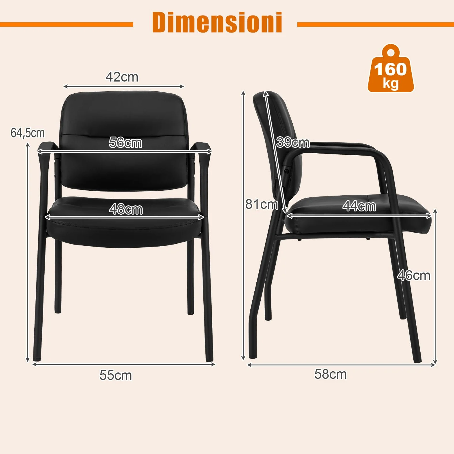 COSTWAY Set di 2 Sedie da Sala d'Attesa Imbottite, Sedie da Conferenza con Braccioli, con Gambe in Metallo, Sedie da Ufficio Portata 160 kg, 58 x 56 x 81 cm