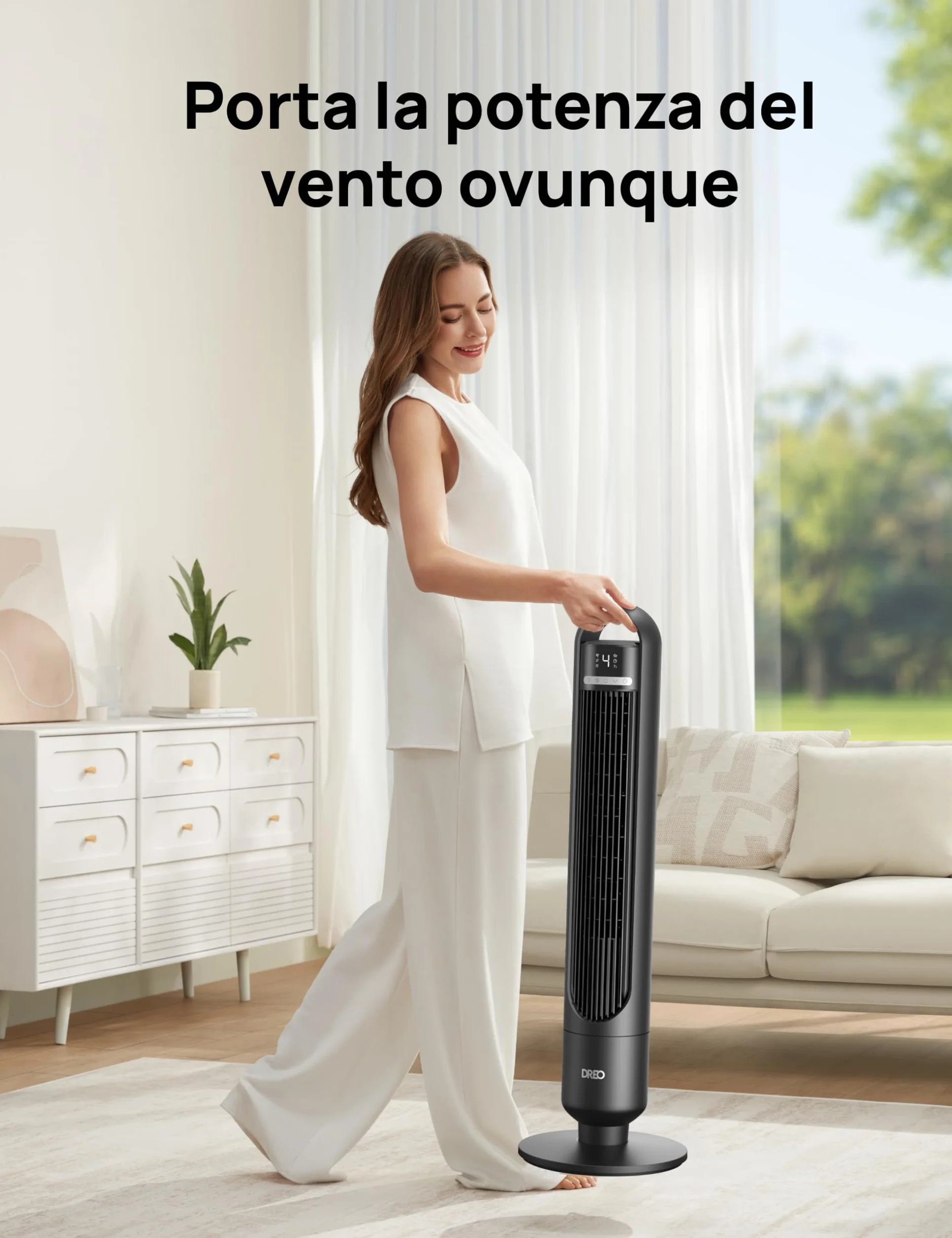 DREO Ventilatore a torre silenzioso da 23 dB, distanza di lancio, 9.8 m, ventilatore con 4 livelli di velocità, 3 modalità, timer da 8 ore, oscillante a 90°, ventilatore a colonna per camera da letto