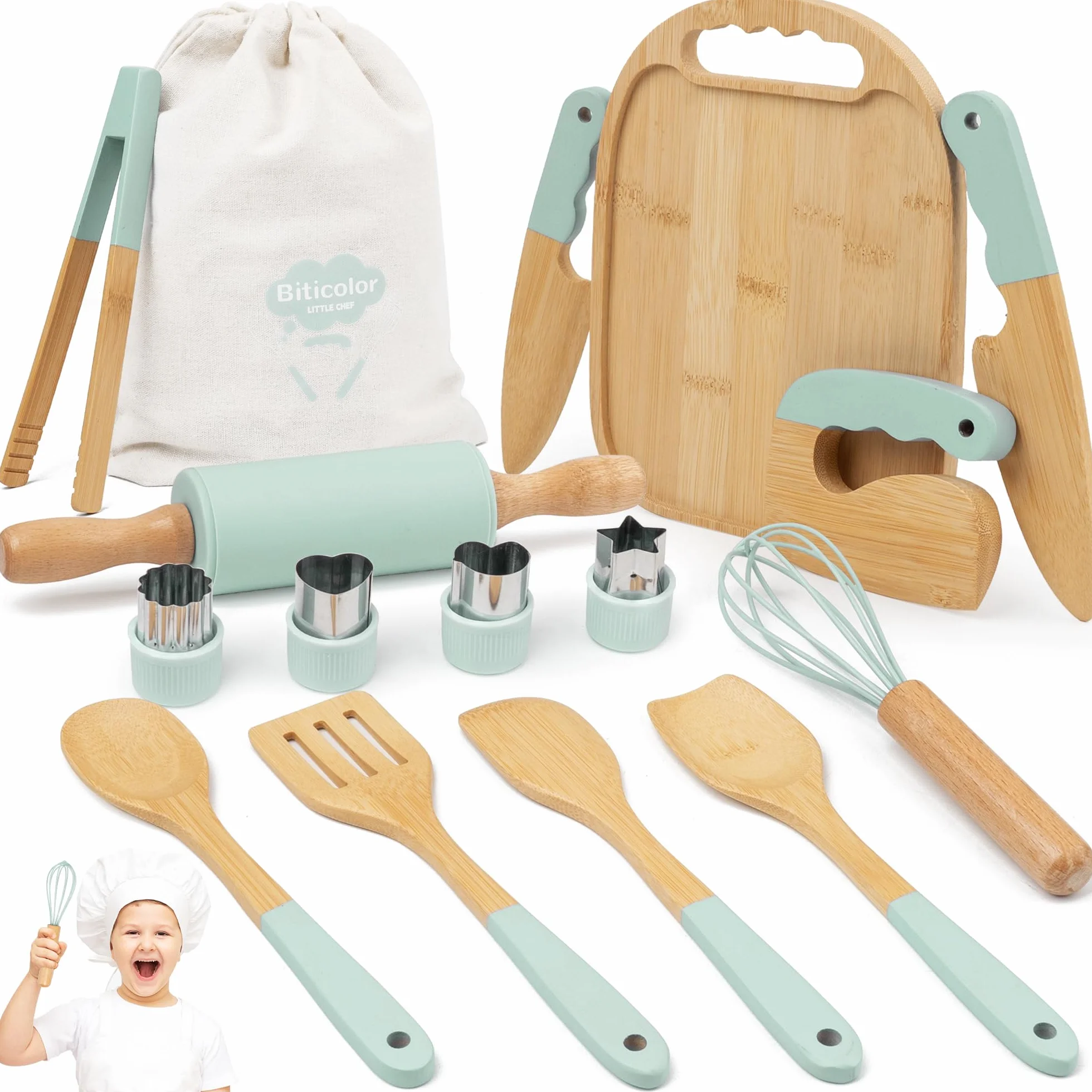 Set di coltelli per bambini, 15 pezzi, con taglierino sicuro, tagliere in legno, set da cucina Montessori per il taglio, apprendimento a partire dai 3 anni (verde)