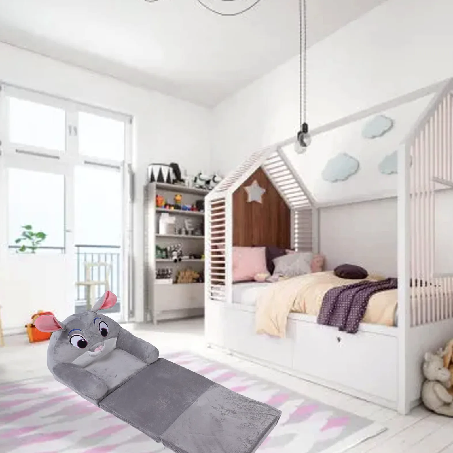 Bewinner Divano Pieghevole per Bambini Simpatico Cartone Animato con Braccioli, Divano Letto Pieghevole Morbido per Bambini per Sala Giochi da Camera, a 3 Strati con Coniglio per Fare un Pisolino,