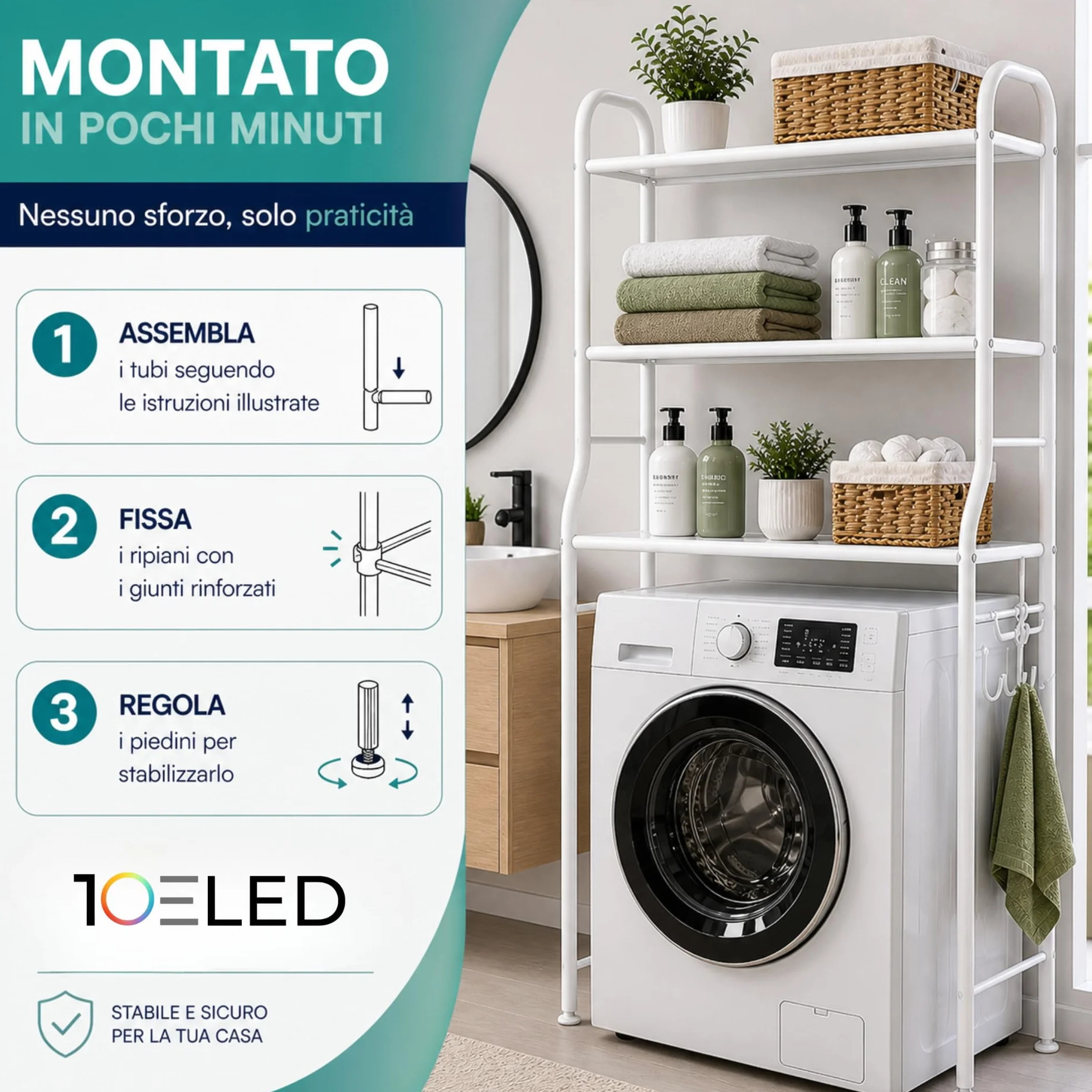 Stabile Mobile Lavatrice Salvaspazio 3 Ripiani Scaffale Organizer Bagno Lavanderia Acciaio con Ganci Laterali Piedini Regolabili
