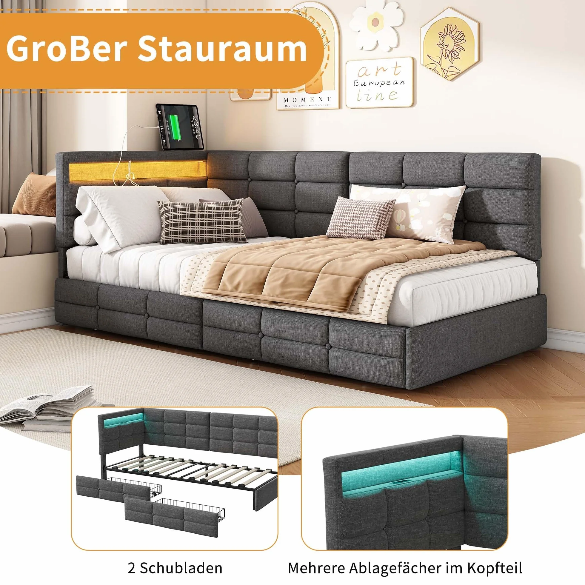 letto singolo 90 x 200 cm, con LED e stazione di ricarica USB, letto per ragazzi con 2 cassetti e rete a doghe, letto per gli ospiti, struttura del letto senza materasso