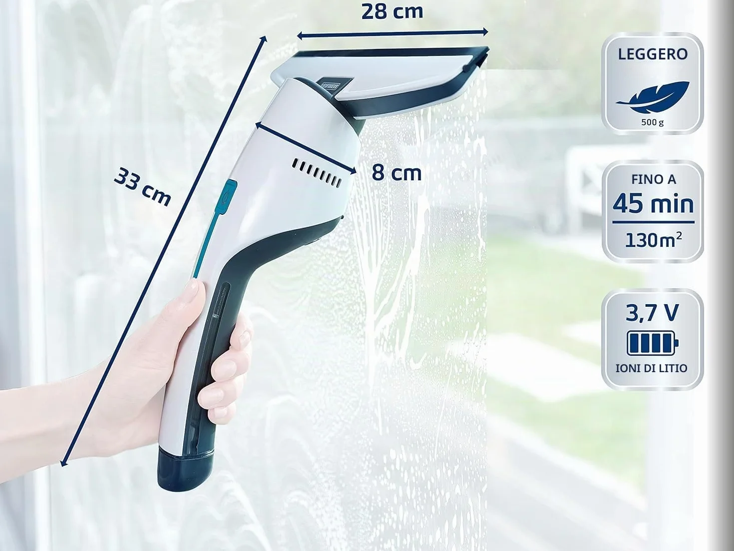 Leifheit Nemo Elektrischer Fensterwischer, Professioneller Trockenwischer 45 Min, Duschabzieher mit Düse und Aufhängehalter