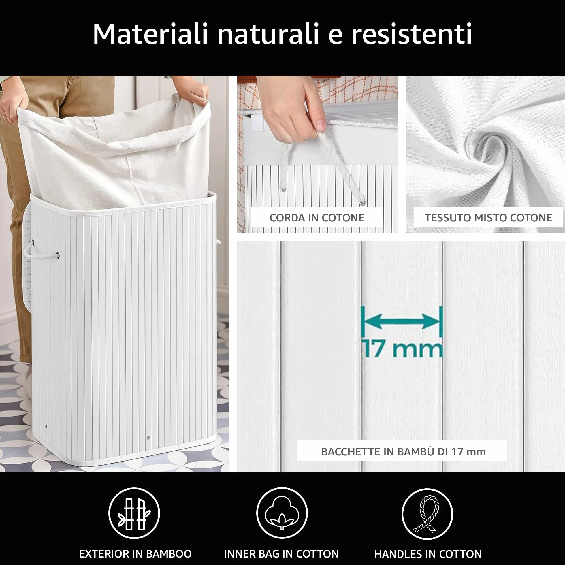 Comart - Portabiancheria Bamboo - 72 L - 1 Scomparto - Cesto Salvaspazio - Pieghevole - con Coperchio e Maniglie - Fodera Interna Rimovibile - Porta Panni e Bucato - per Lavanderia e Bagno - Bianco