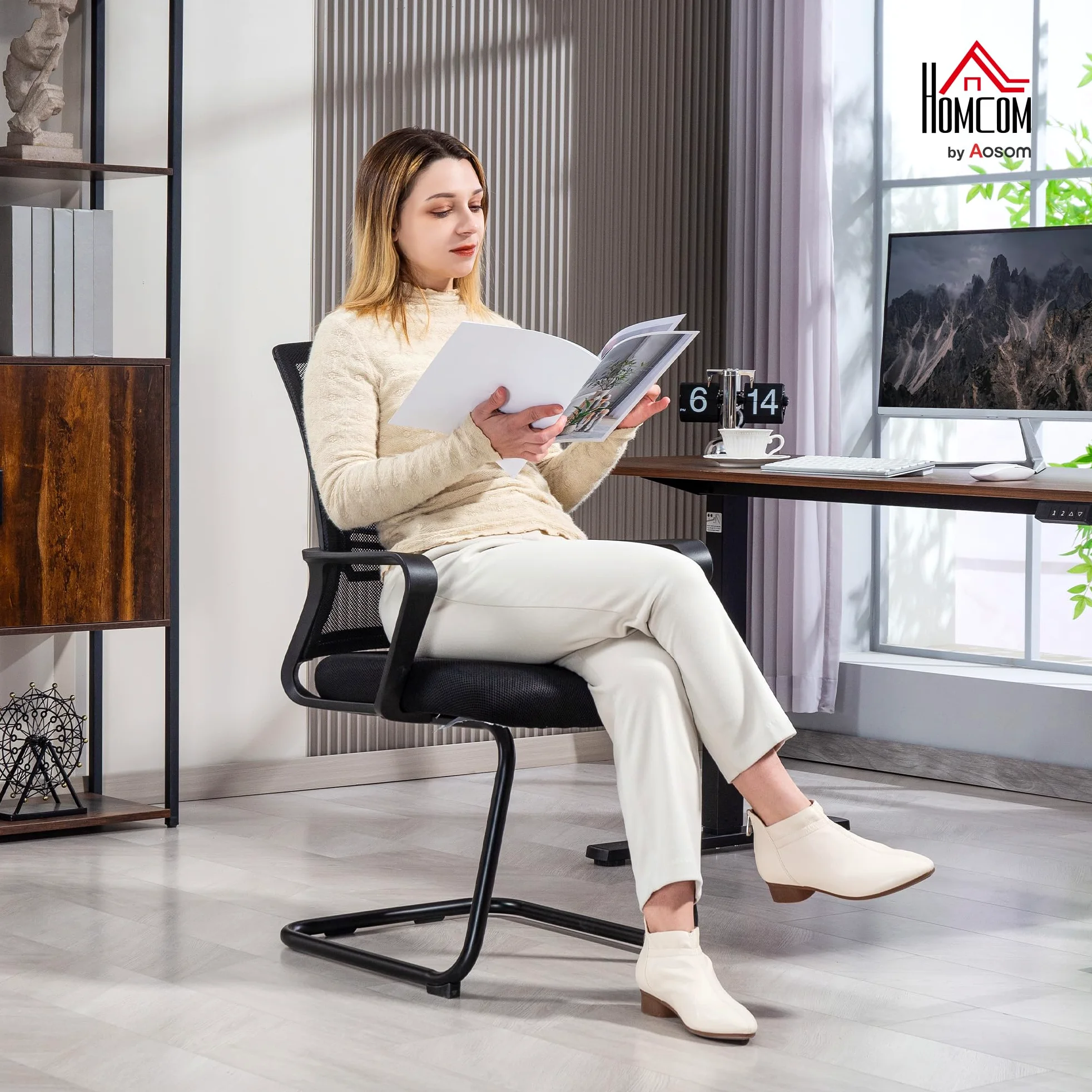 HOMCOM Sedia da ufficio a rete Sedia da ufficio senza rotelle, sedia ergonomica per riunioni con base a slitta, per sale conferenze, camere da letto, aree d'attesa, aree di ricevimento, nera