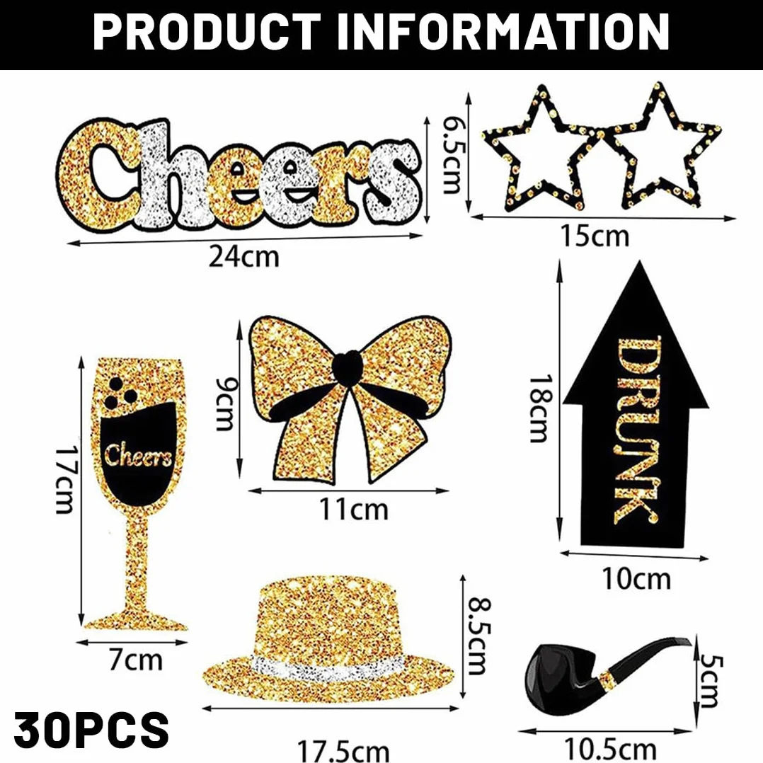 Accessori Photo Booth 30 Pezzi Nero Oro Decorazione Feste Matrimonio Compleanno