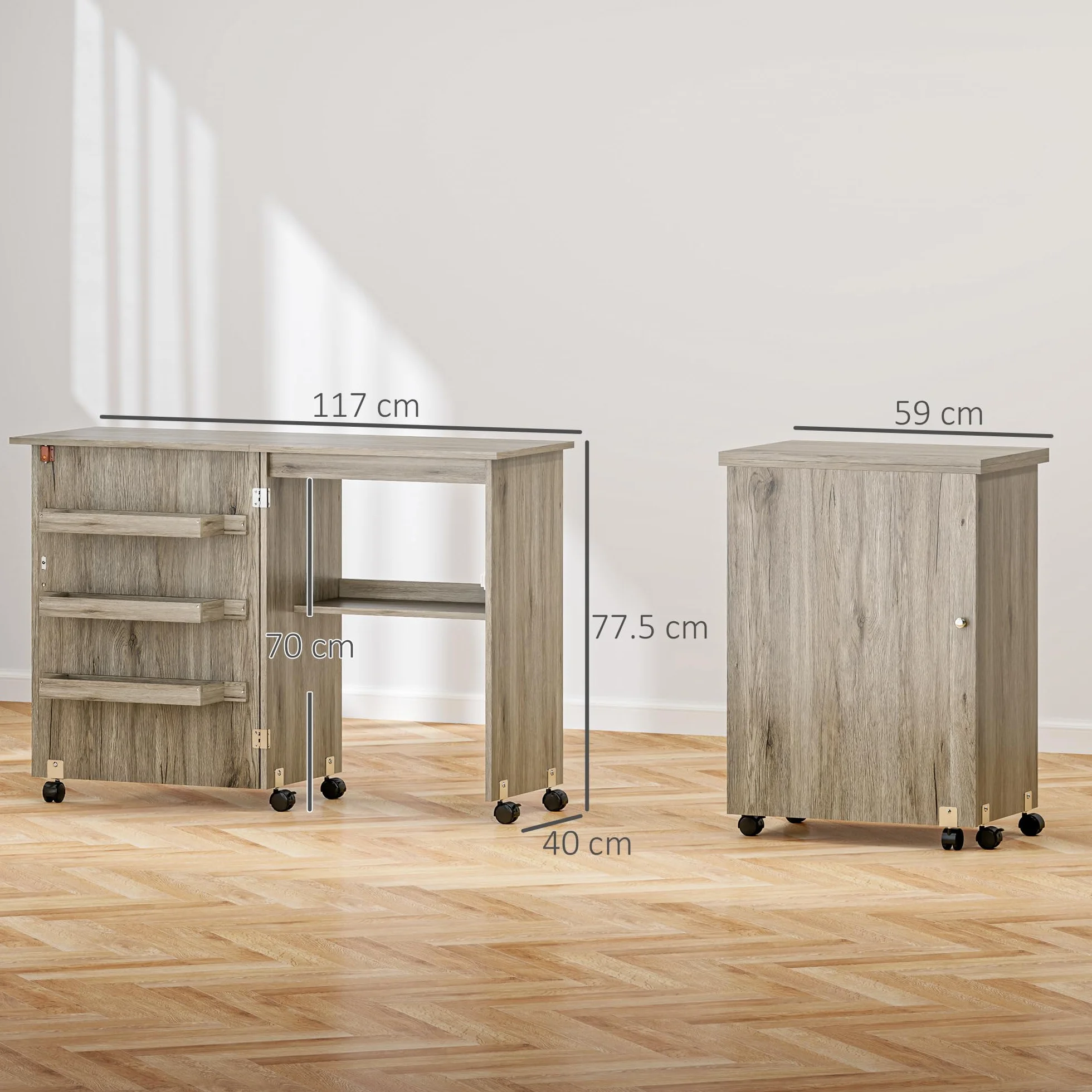 HOMCOM Tavolo da cucito pieghevole, mobile da cucito con cassetti portaoggetti, ripiano aperto e ruote, mobile per macchina da cucire, per soggiorno, ufficio, 117 x 40 x 77,5 cm, effetto legno grigio